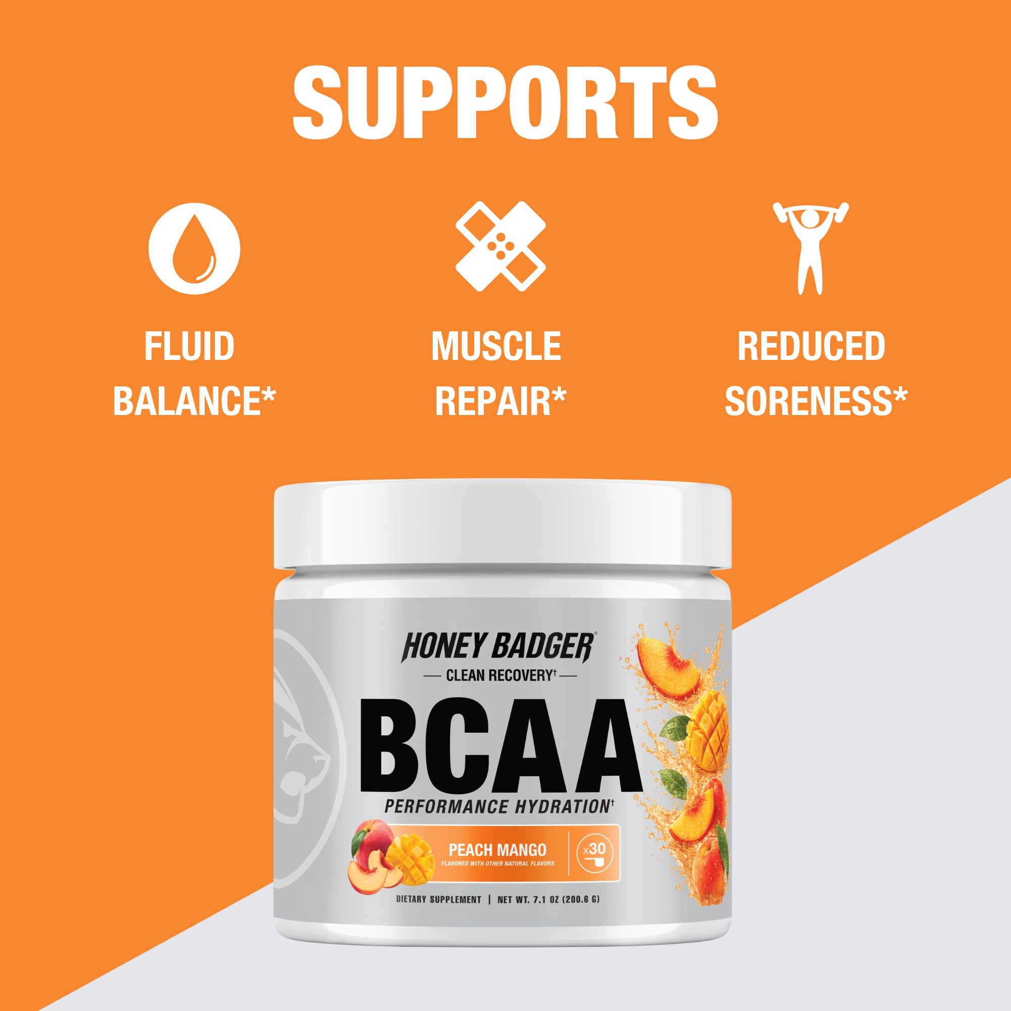 Honey Badger BCAA + EAA Amino Acids Powder, BCAAs + L-Glutamine, Keto, Vegan, Sugar Free for Men & Women, Hydration & Post Workout Muscle Recovery Drink Mix, Peach Mango, 30 Servings — Amazon image 3