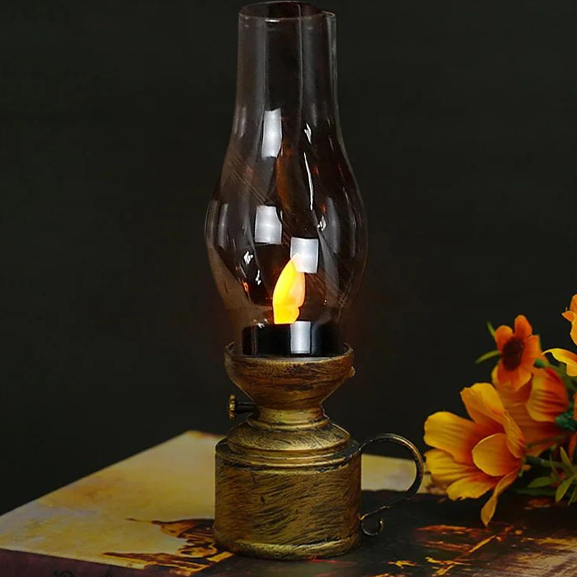 Lámpara de queroseno de aceite, 2 piezas, linterna de aceite vintage parpadeante sin llama, lámpara de huracán de 7x2 pulgadas con mango, lámpara de aceite de PP con batería, lámpara de aceite vintage