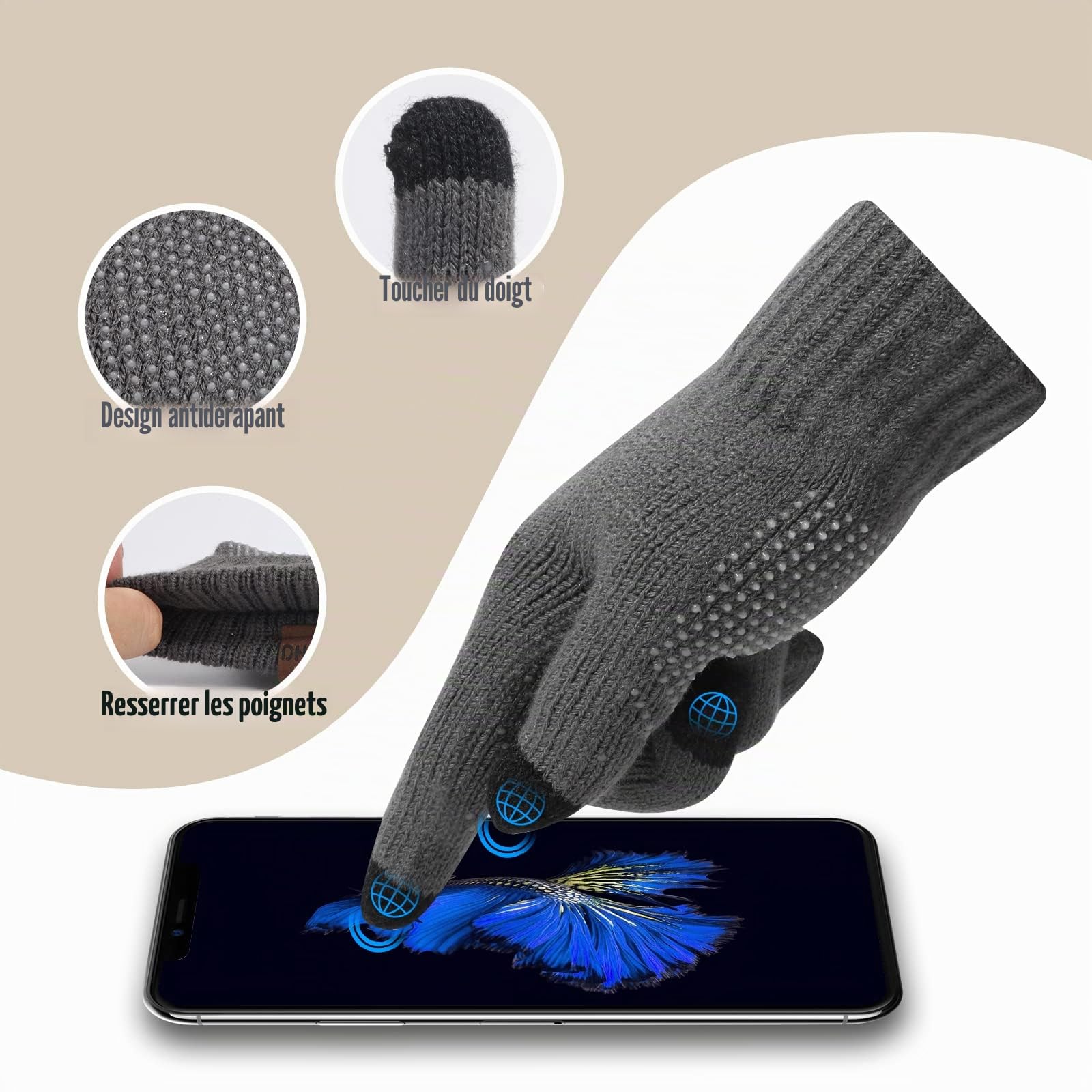 TAGVO d'hiver Bonnet écharpe Gants 3 en 1,Tricotés Echarpe, Gants et bonnet homme Hiver, Molleton Doux Chaleureux Doublure Extensible Bonnet Echarpe Gants d'écran Tactile pour Homme et Femmes Sports
