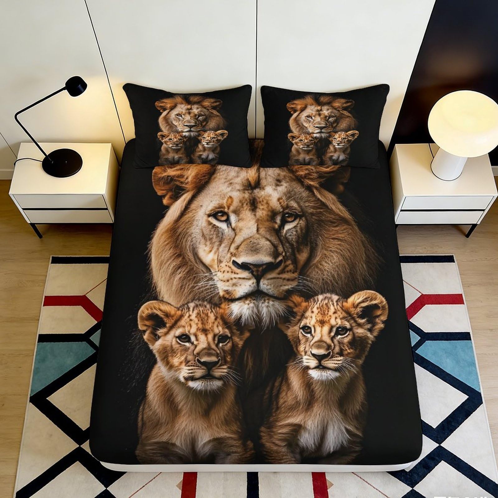 3D Printed Lion Family Fitted Sheet Microfiber Soft Non-Slip African Wildlife Mattress Cover for Bedroom Guest Room Dorm Decor 90x200x25cm