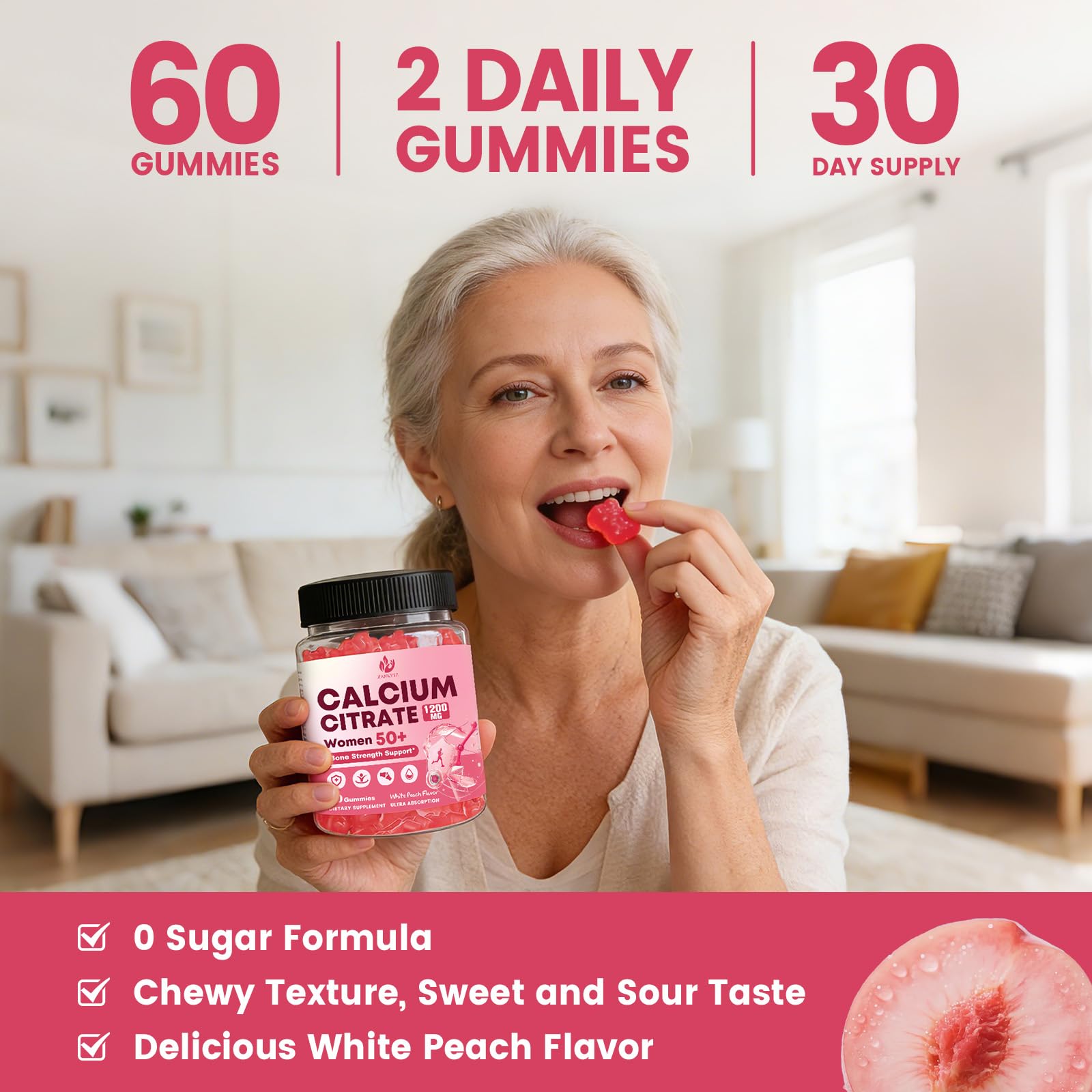 (2 Pack) Sugar Free Calcium Citrate with D3 Gummies for Women 50+, Vegan — Amazon image 7