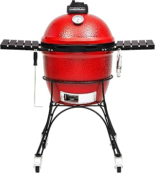 Kamado Joe Classic JoeTM I Premium 18-inch Ceramic Charcoal Grill and Smoker in Red with Cart, Side Shelves, Grill Gripper, and Ash Tool. 250 Cooking Square Inches, 2 Tier Cooking System, Model KJ23RH