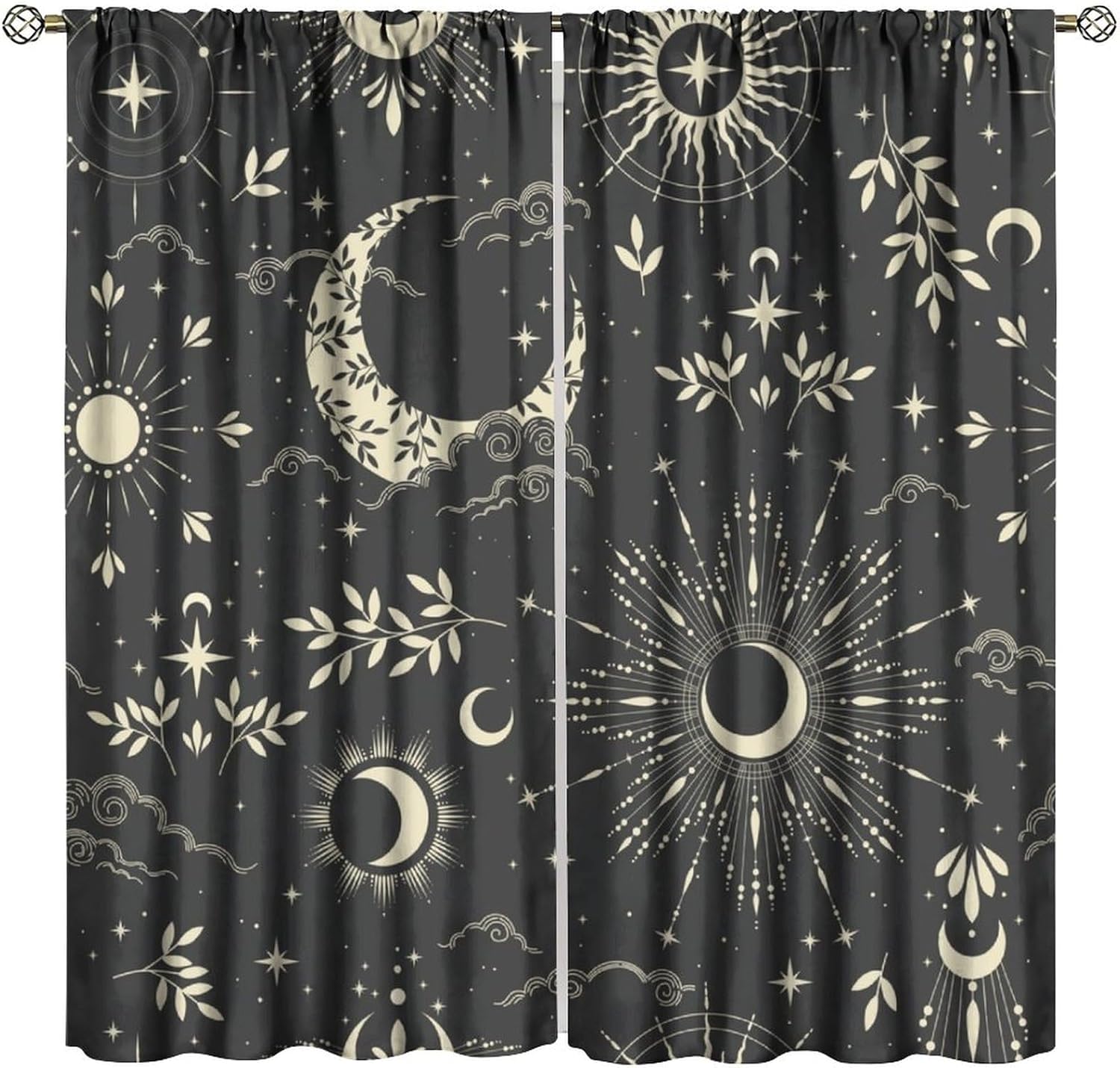 Sun Moon Curtains, Vintage Mystic Abstract Sun Moon Star Art Pattern for Room Decor, Rod Pocket Blackout Window Drapes for Bedroom Living Room Kitchen21 W X 54" L