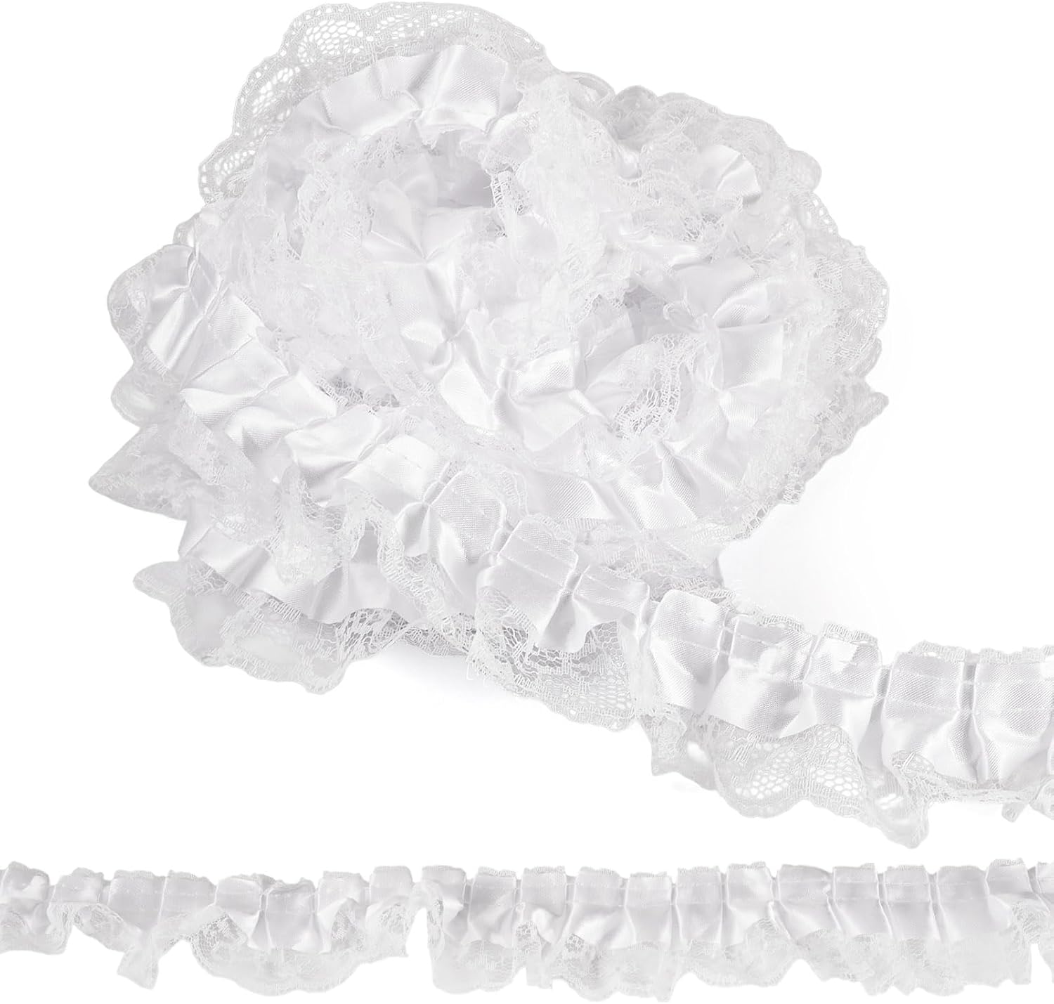12.5 Yards Ruffle Organza White Lace Trim 2 Layer Pleated Satin Lace Ribbon 4.7cm Laces Edge Ruffle Trim for Sewing Clothes Dress Home Decor Wedding