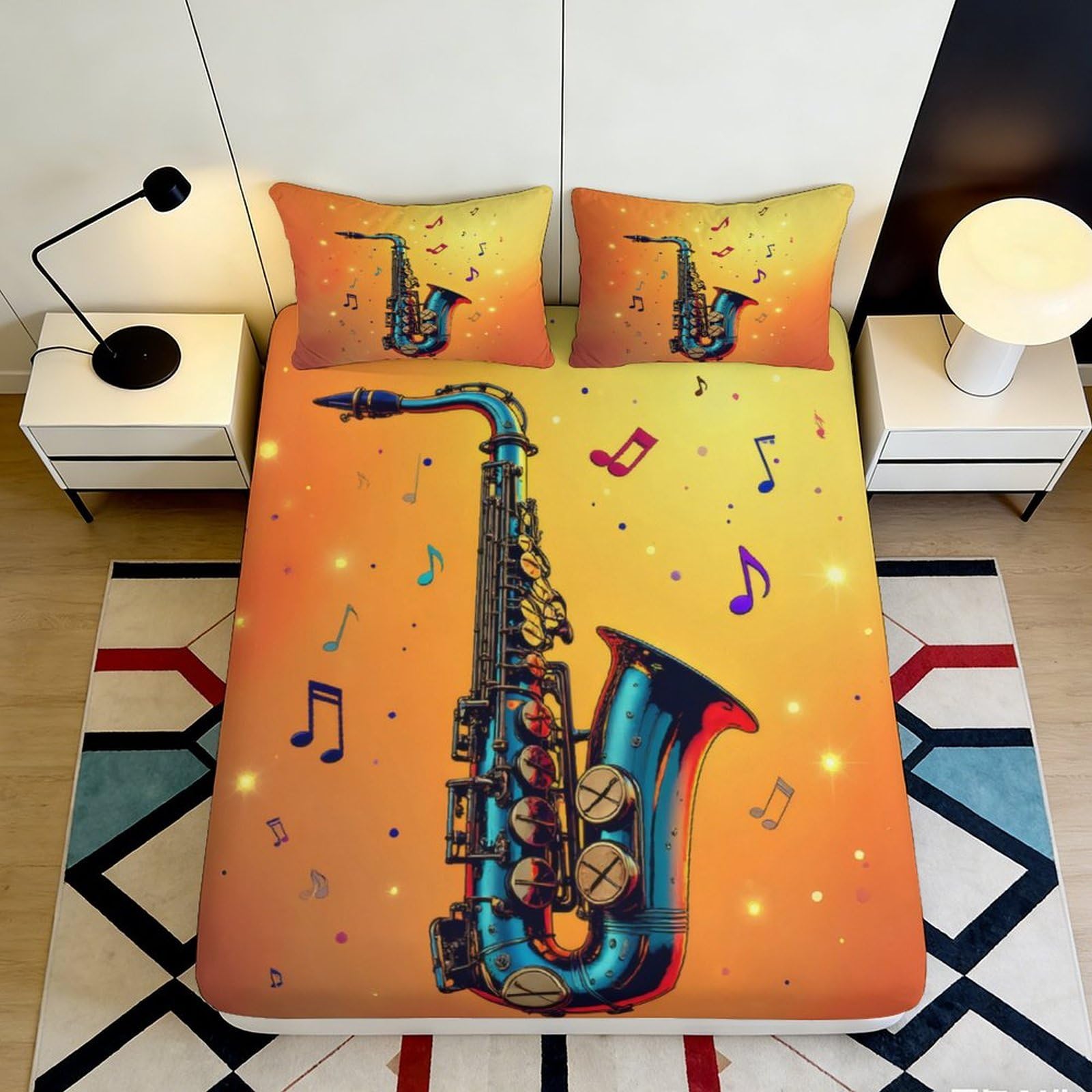 3D Printed Jazz Saxophone Fitted Sheet Microfiber Orange Musical Note Bed Cover for Bedroom Dorm Mattress Protection 140x200x25cm