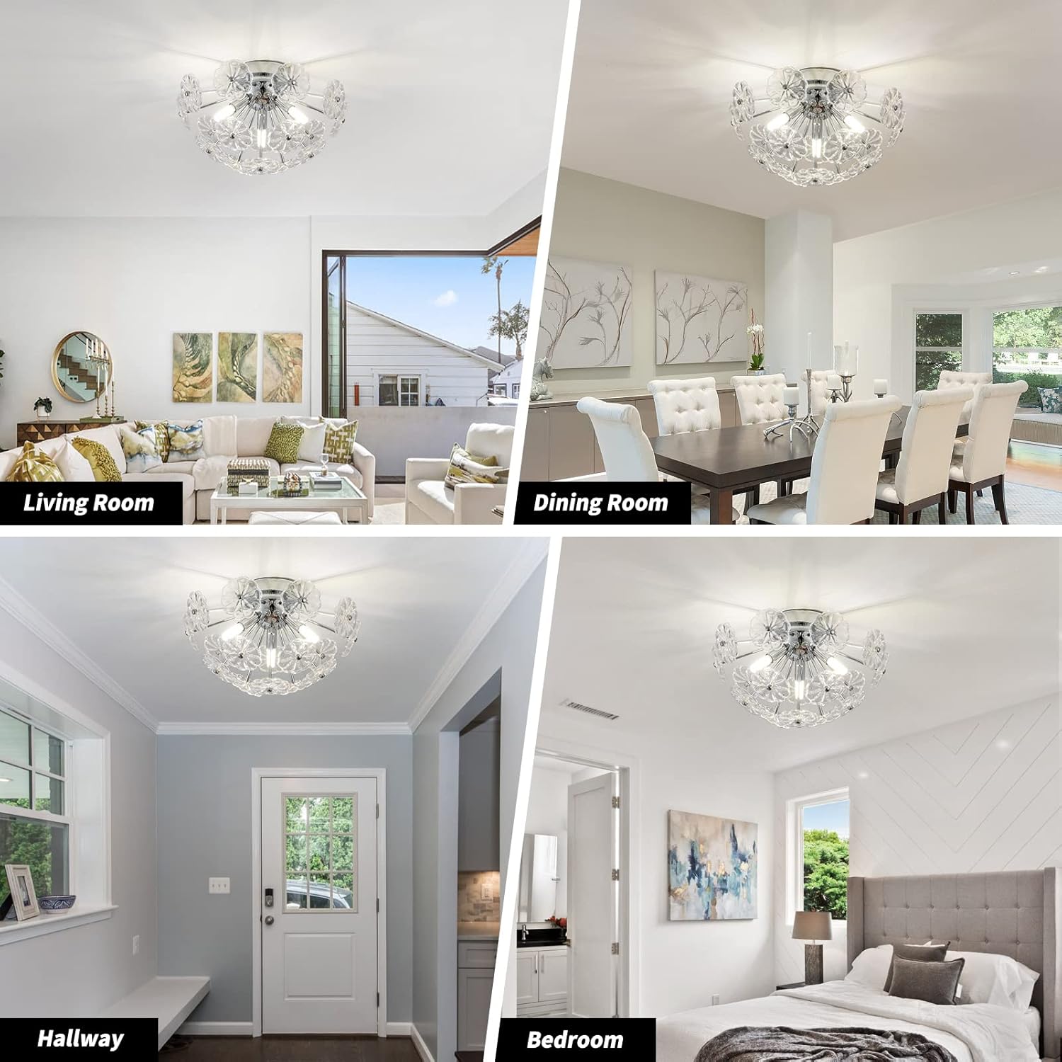 CM MZY Modern Flush Mount Ceiling Light Fixtures, Chrome Flower Shape Chandeliers, 3-Light Farmhouse Close to Ceiling Lamp Fixture for Bedroom Closet Kitchen Living Room Hallway(Dia 13.8")