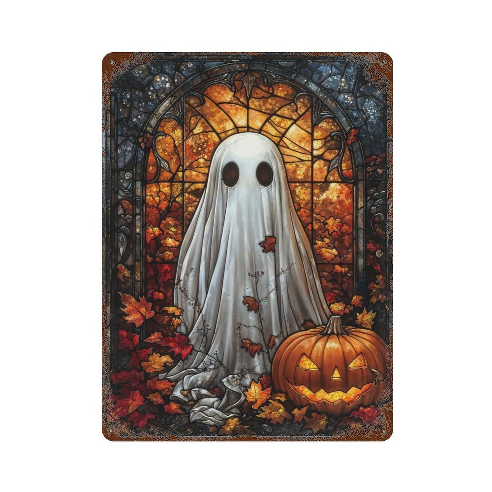 Aged Metal Wall Plaque with Stained Glass Ghost Art Design 15.7"x11.8", for Farmhouse, Kitchen And Entryway Decor, Retro Wall Decor