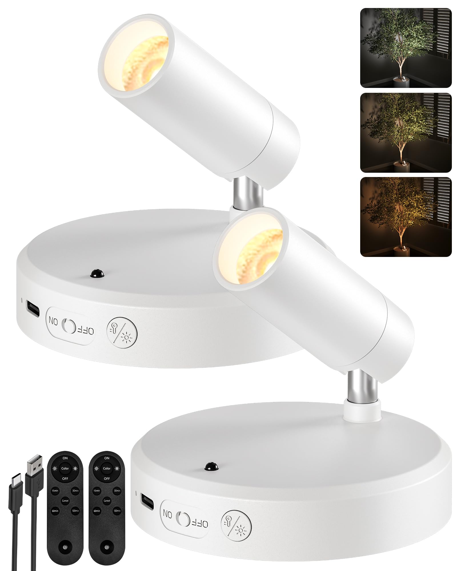 EZVALO Spot Lights Indoor,5500mAh Rechargeable Picture Lights with Remote,Wireless Mini Art Accent Spot Lights with Timer＆Dimmable, 3CCT, Uplights Indoor for Plants,Display,Artwork(2Pack-White)