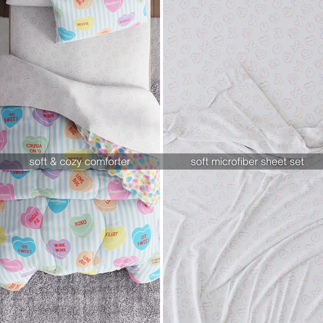 Sweethearts Original Candy Hearts Bedding 5 Piece Twin Bed Set, Soft Cozy Nostalgia Reversible Comforter and Sheet Set with Sham, Officially Licensed Product By Franco
