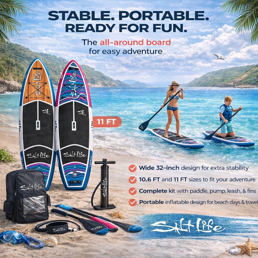 SALT LIFE Inflatable Stand Up Paddle Board for Adults, Wide Stable All-Around iSUP with Non-Slip EVA Deck, Drop-Stitch Double-Rail Construction, Paddle Board Kit with Paddle, Pump, Leash & Fins