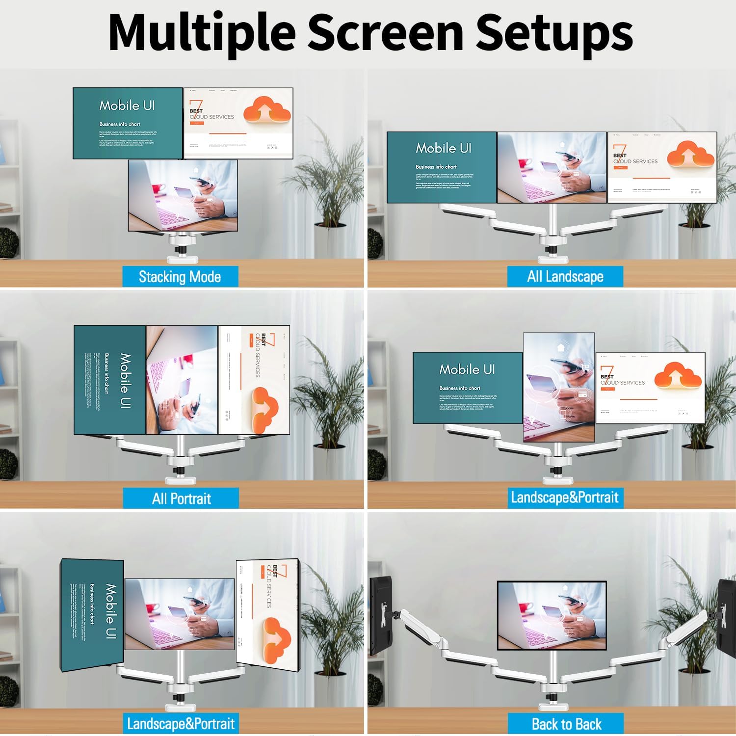 Examples of multiple screen setups possible with the MOUNTUP Triple Monitor Mount, including stacking, all landscape, all portrait, and mixed orientations.
