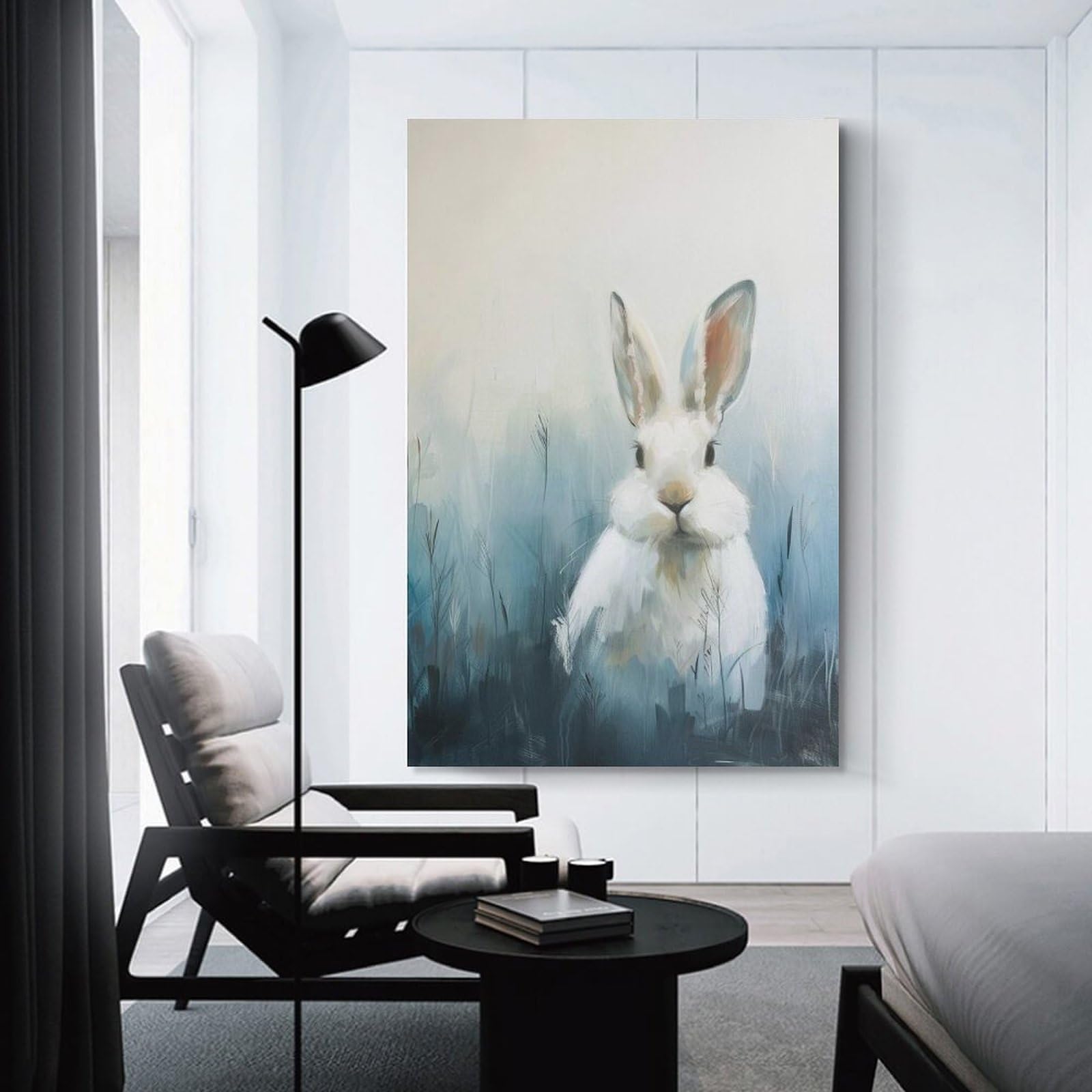 Junmoney Unframe-Style-4 White Rabbit In Blue Field Painting Canvas Wall Art 24X36inch(60X90cm), For Workspace Walls, Study Corners Or Bedrooms, Wall Art That Adds Style To Work Areas