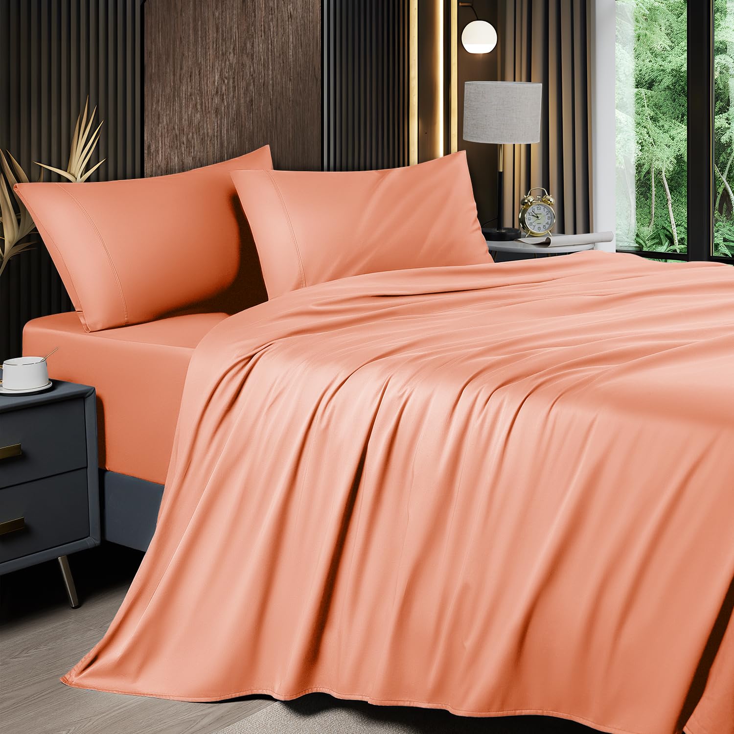 Shilucheng Set di biancheria da letto in bambù traspirante, per letto matrimoniale, 1800 fili, super setoso, con tasca profonda 40,5 cm, lavabile in lavatrice, 4 pezzi (Queen, Coral)