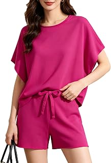 Bozanly Women Oversized Loungewear Set Short Sleeve Top and Shorts Outfits | Matching Set, 2 Piece Outfits, Round Neck Top, Wide Leg Drawstring Shorts, Solid Color & Striped Sets, Casual, Dressy