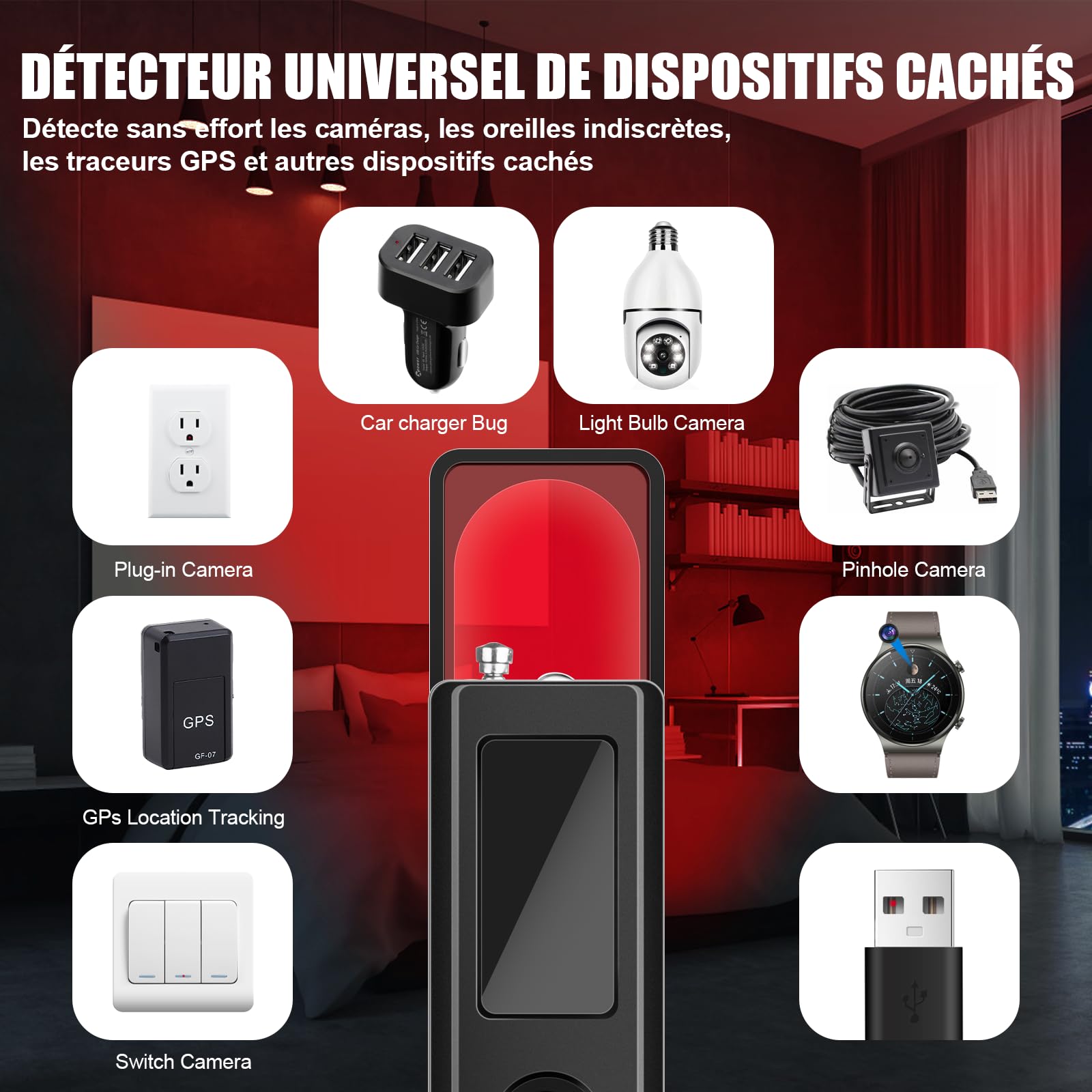 Detecteur de Camera Micro Espion, Anti-Espion GPS Tracker Scanner Détecter, Détecteur de Bugs Micro Espion Ecoute a Distance pour Bureau, Hôtel, Maison