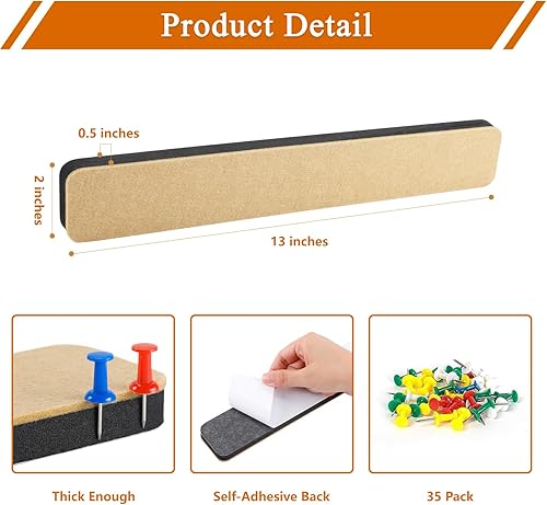 Miniatura 5 de 8 tiras rectangulares de corcho de fieltro con 35 chinchetas, tiras autoadhesivas para tablón de anuncios para oficina, escuela, hogar, decoración