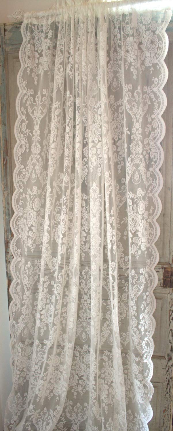 Offwhite Lucia Vorhang Spitzen Gardine Rosen 120x240 cm 2 Stück Gardinenshals Landhaus Shabby Vintag