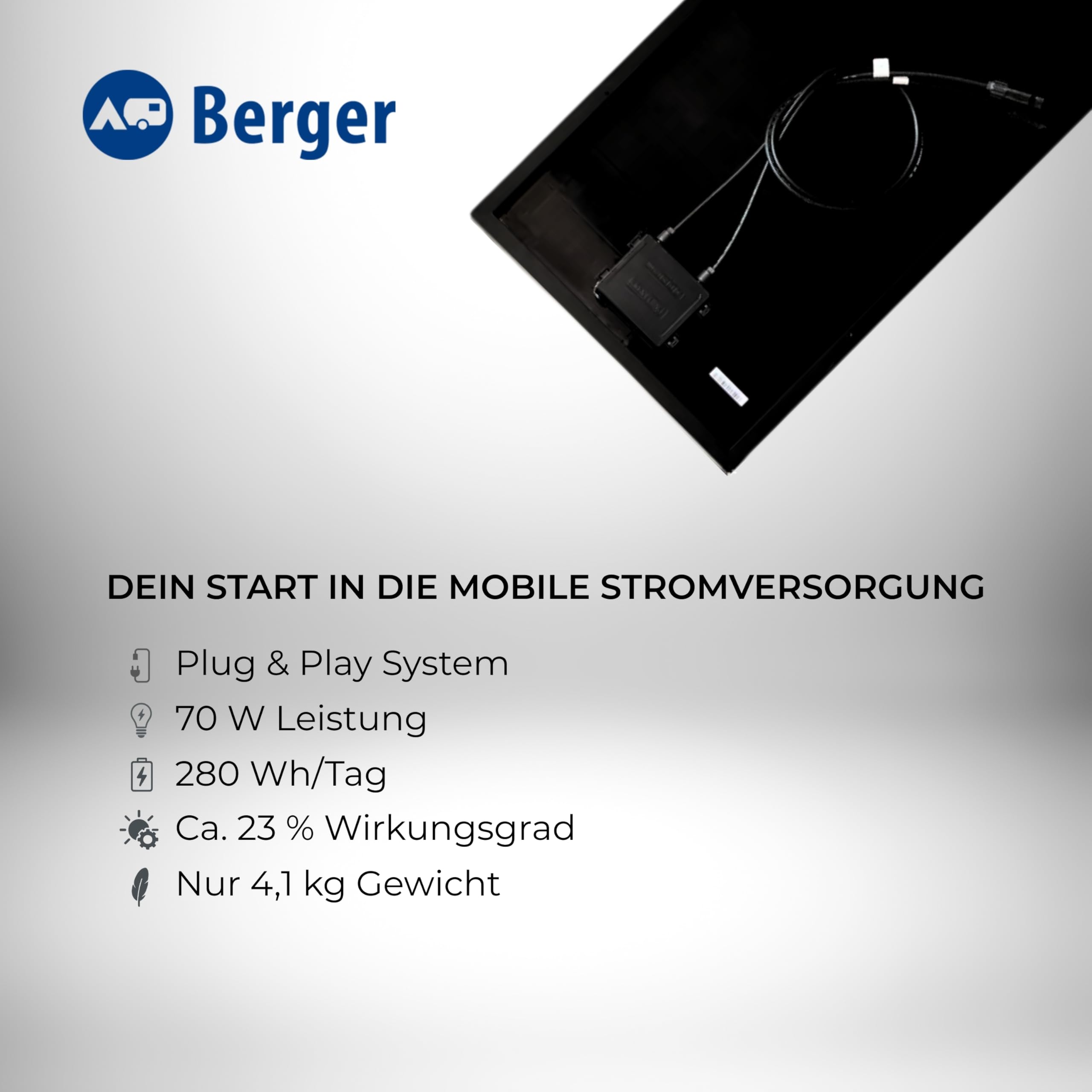 BERGER PX Solarpanel | starres Solarmodul 70 W bis 150 W PV Modul robust & wetterfest | Ultraleichtes Solar Panel für Camping & Outdoor | Hoher Wirkungsgrad 23 % (70 W)