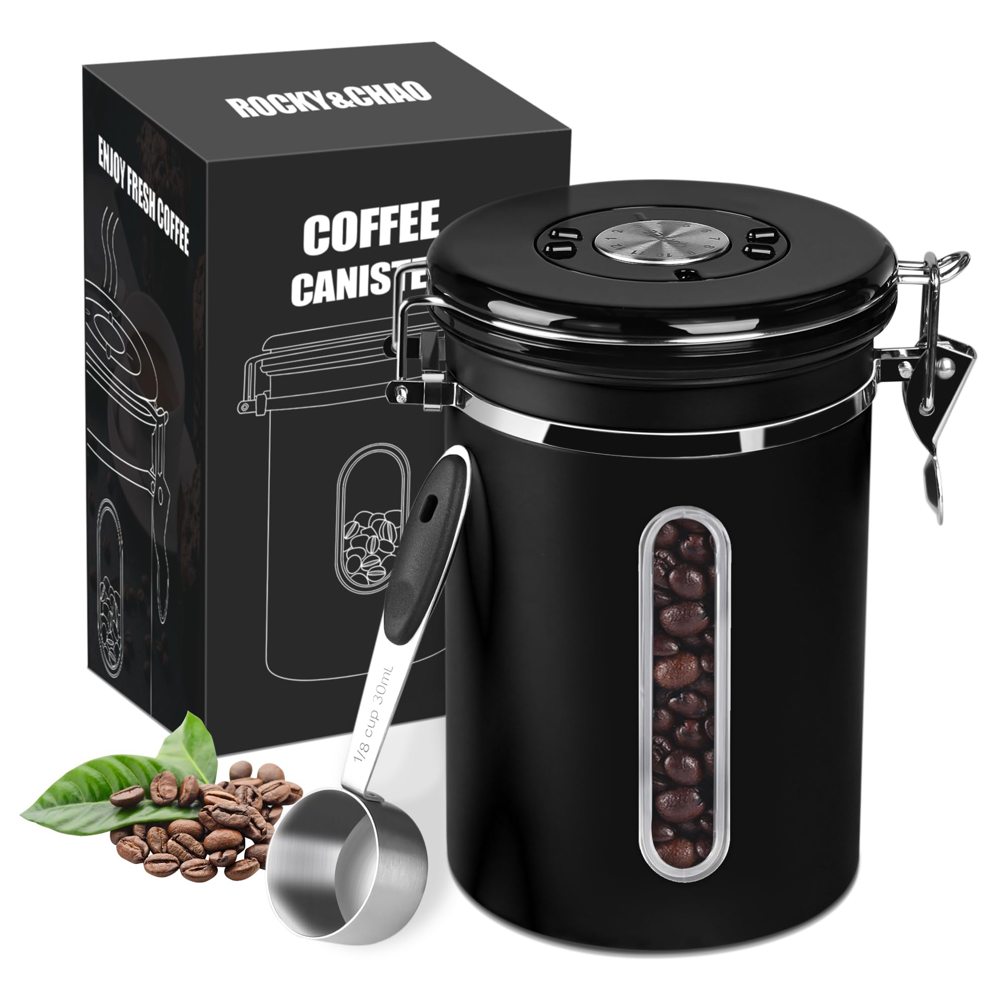 ROCKY&CHAO Kaffeedose Luftdicht aus Edelstahl 1,8L Kaffeebhnen Behälter mit Sichtfenster an der Seite Vorratsdose für 600g Tee Nüsse Kakao Länger und Frisch Bleiben New2025