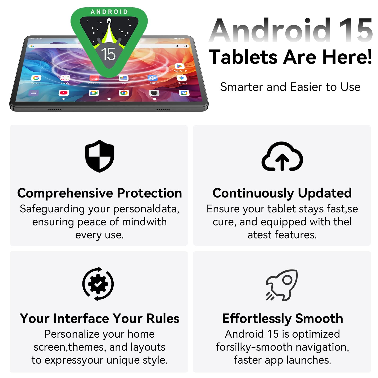 Tablet 10 Pulgadas Android 15 Negro, 6GB RAM (hasta 18GB con expansión) 128GB, Octa-Core T30, Pantalla IPS 1280x800, Batería 6000mAh, WiFi Dual, GPS, Desbloqueo Facial, Bluetooth, USB-C, TF hasta 1TB