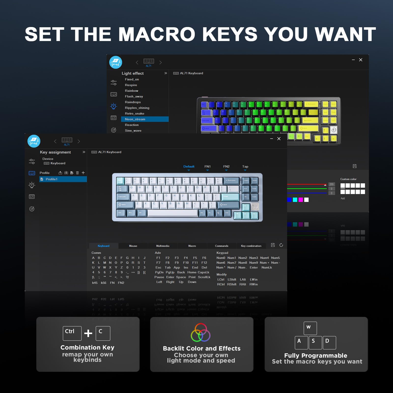 YUNZII AL71 68% tastiera meccanica, all-alluminio CNC, anello hot-swap, 2,4 GHz, tastiera wireless BT5.0/USB-C da gioco, NKRO RGB, per Win/Mac (blu, crystal white switch)
