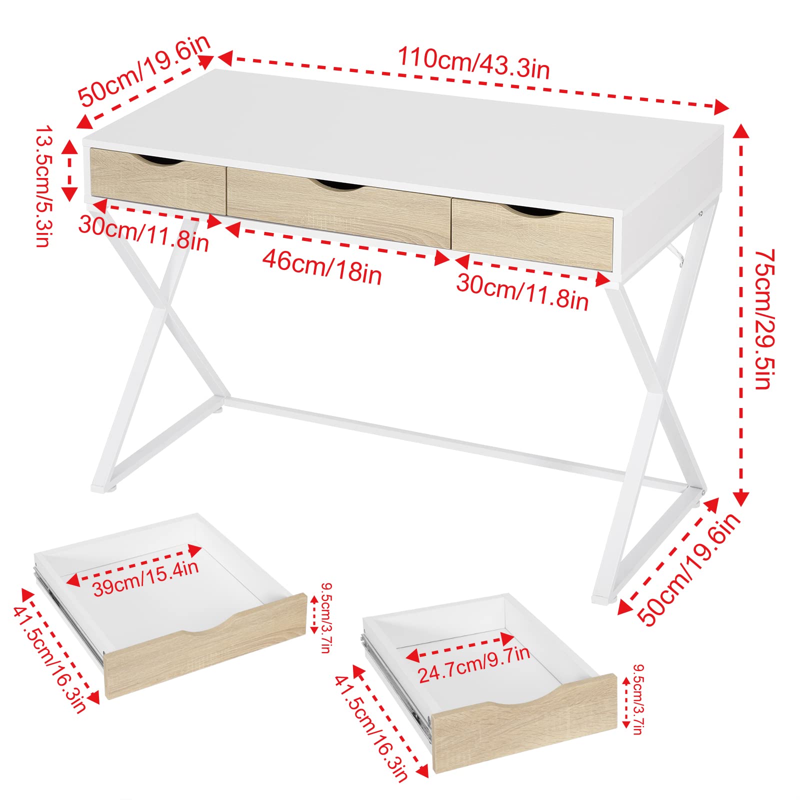 WOLTU Escritorio Blanco de 3 Cajones - Mesa Ordenador Metal-Madera para Oficina Casa/Habitación - 110x50x75cm