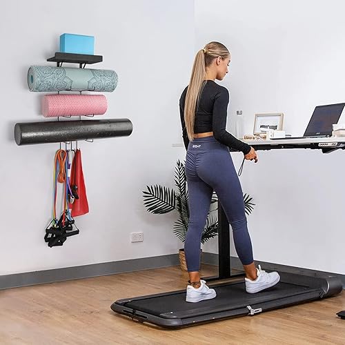 Miniatura 5 de VINAEMO Soporte para tapete de yoga, organizador de pared, organizador de almacenamiento, rodillo de espuma y toallero, con 4 ganchos y estantes de