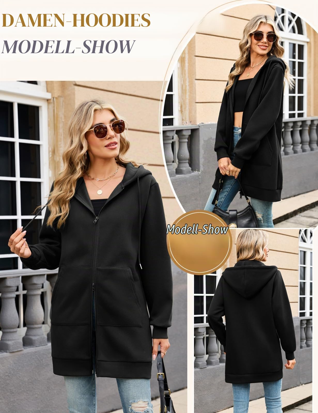 Tuopuda Sweatjacke Damen Lang Casual Hoodie Langarm Kapuzenpullover Mit Kapuze Reißverschluss Fleecejacke Herbstjacke Oversize Pullover