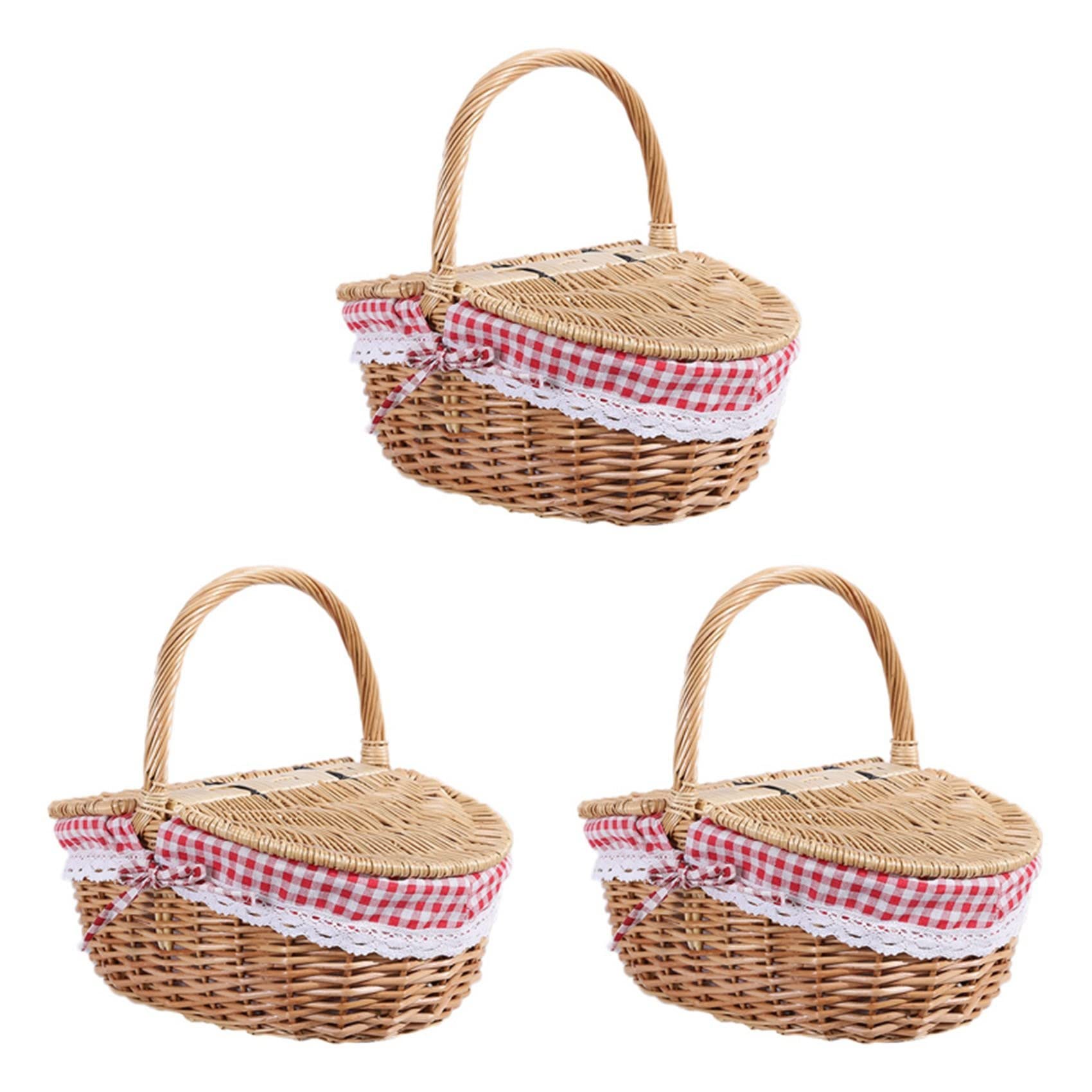 3X Cesta de Picnic de Mimbre Estilo Campestre con Tapa, Asa Y Forros para Picnics, Fiestas Y Barbacoas