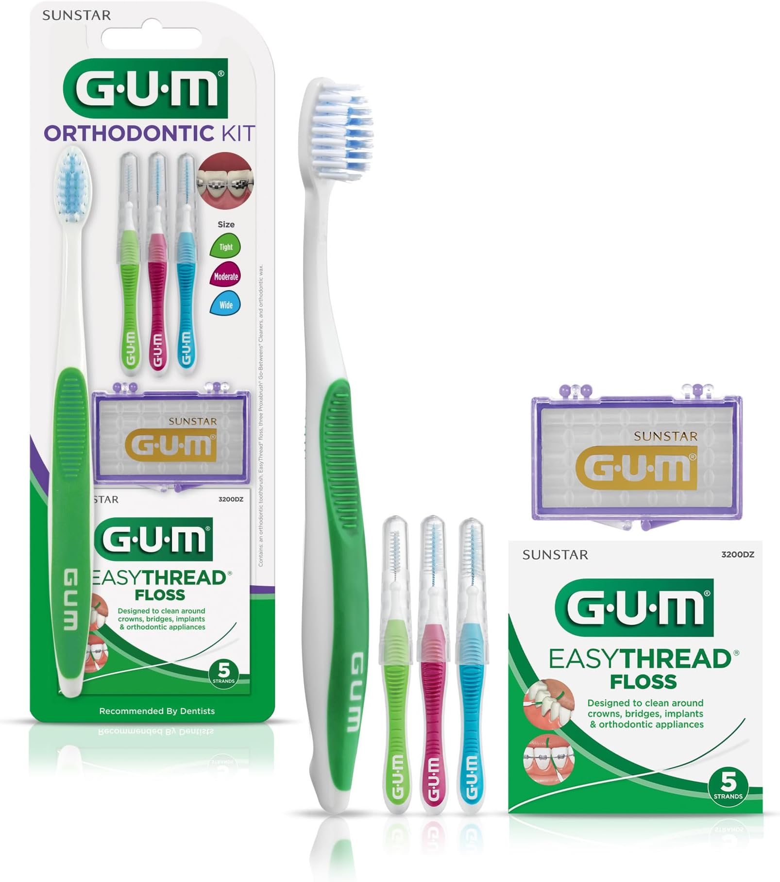 GUM - 124KK Orthodontic Kit - Orthodontic Toothbrush, 3 Proxabrush Sizes, EasyThread Floss, and Mint Ortho Wax