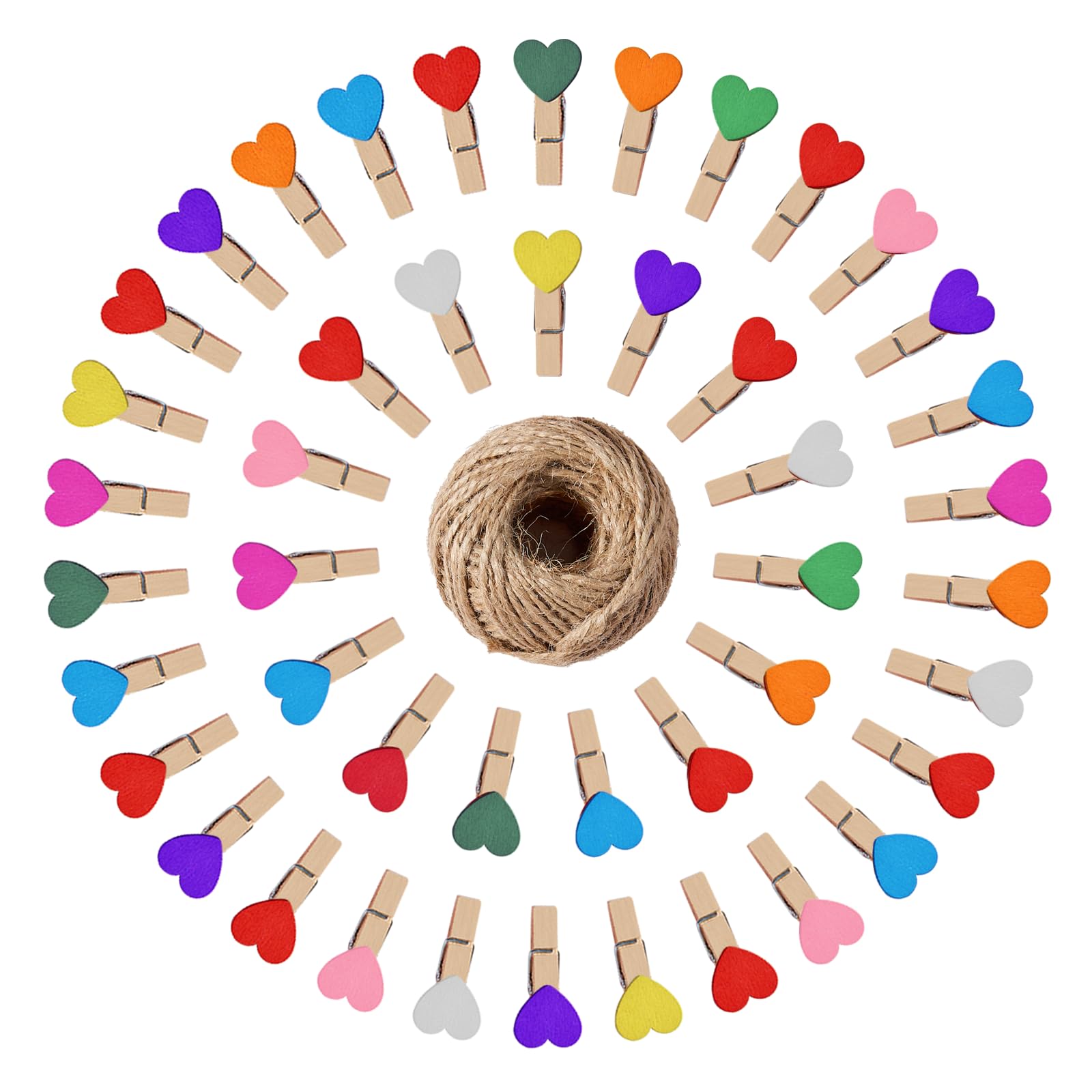 VijarCrea 100Pcs Mini Heart Clothespins with String, 1.4Inch Wooden Heart Clothes Pins, Colorful Heart Woodden Photo Clips with 98Ft Jute Twine for Baby Shower, Wedding,Crafts,Hanging Photo Display
