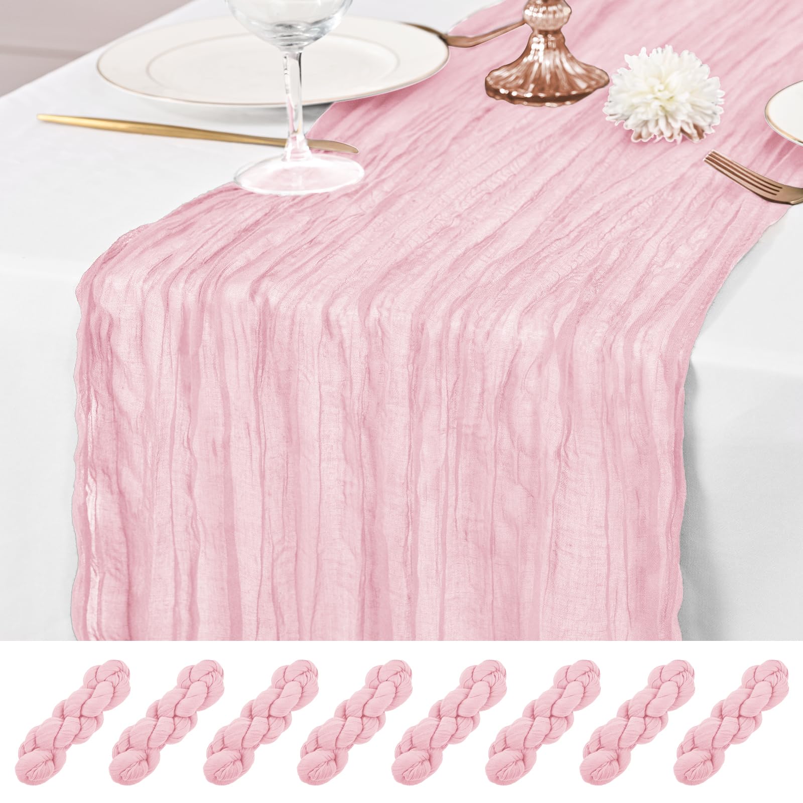 8 Pcs Pink Cheesecloth Table Runner, 21x120 inch Pink Table Runner Rustic Gauze Romantic Long Sheer Fabric 10Ft Cheese Cloth Table Runners for Wedding Party Bridal Baby Shower