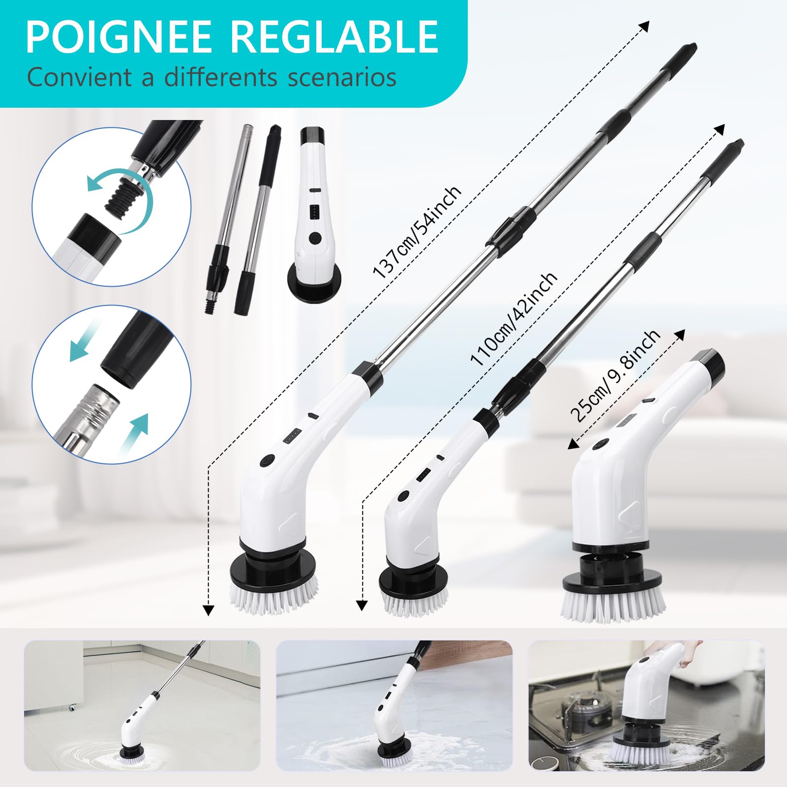 Cepillo de limpieza eléctrico inalámbrico, cepillo de fregar de microfibra para pisos de madera dura, con cabezal de cepillo de acero inoxidable y cable de carga USB (blanco)