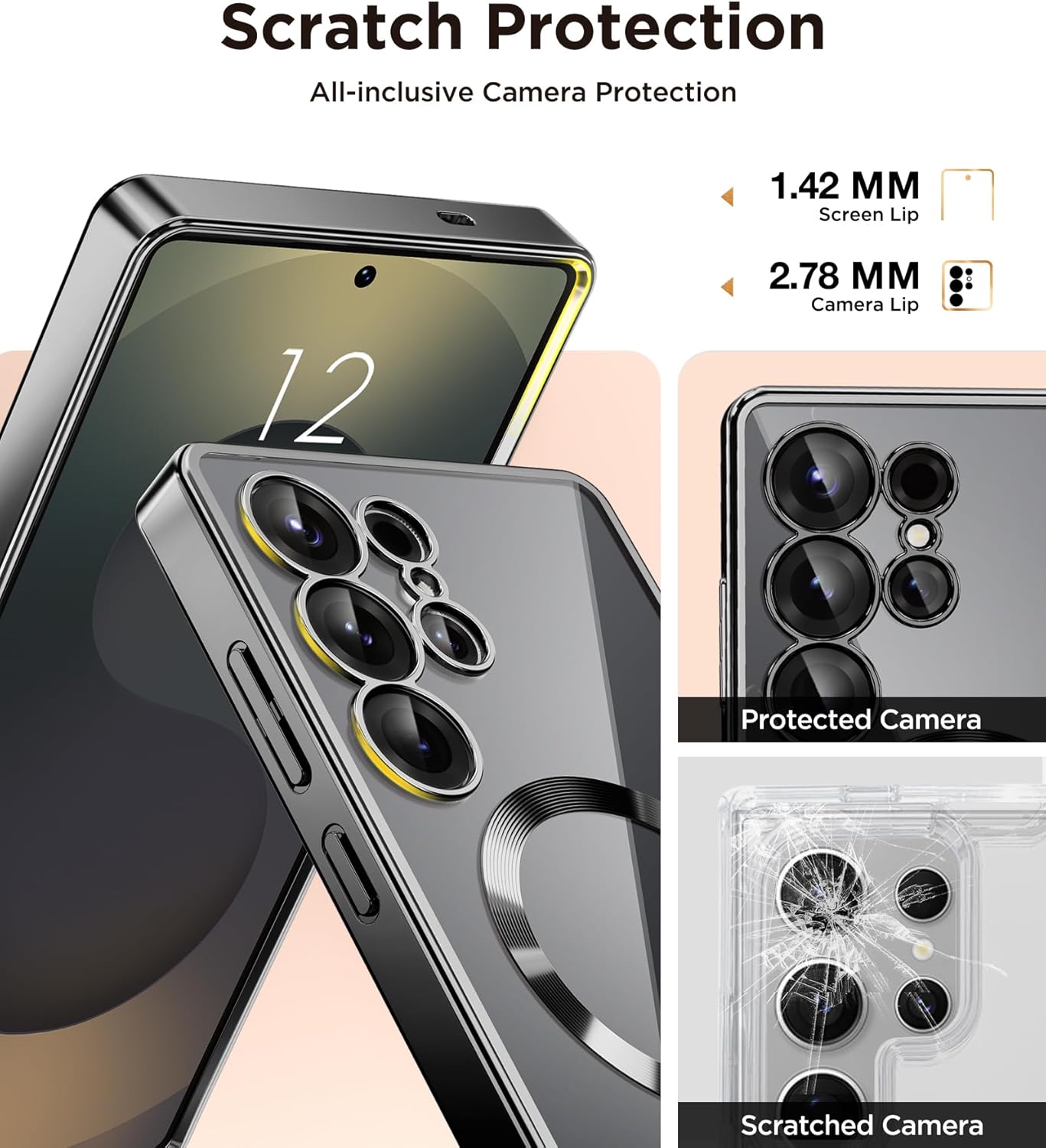Magnetic Case Compatible with Samsung Galaxy S25 Ultra,Compatible with MagSafe,[Full Camera Protection][Screen Protector] Shockproof Plating Clear Phone Cover for Galaxy S25 Ultra(Black/Clear)