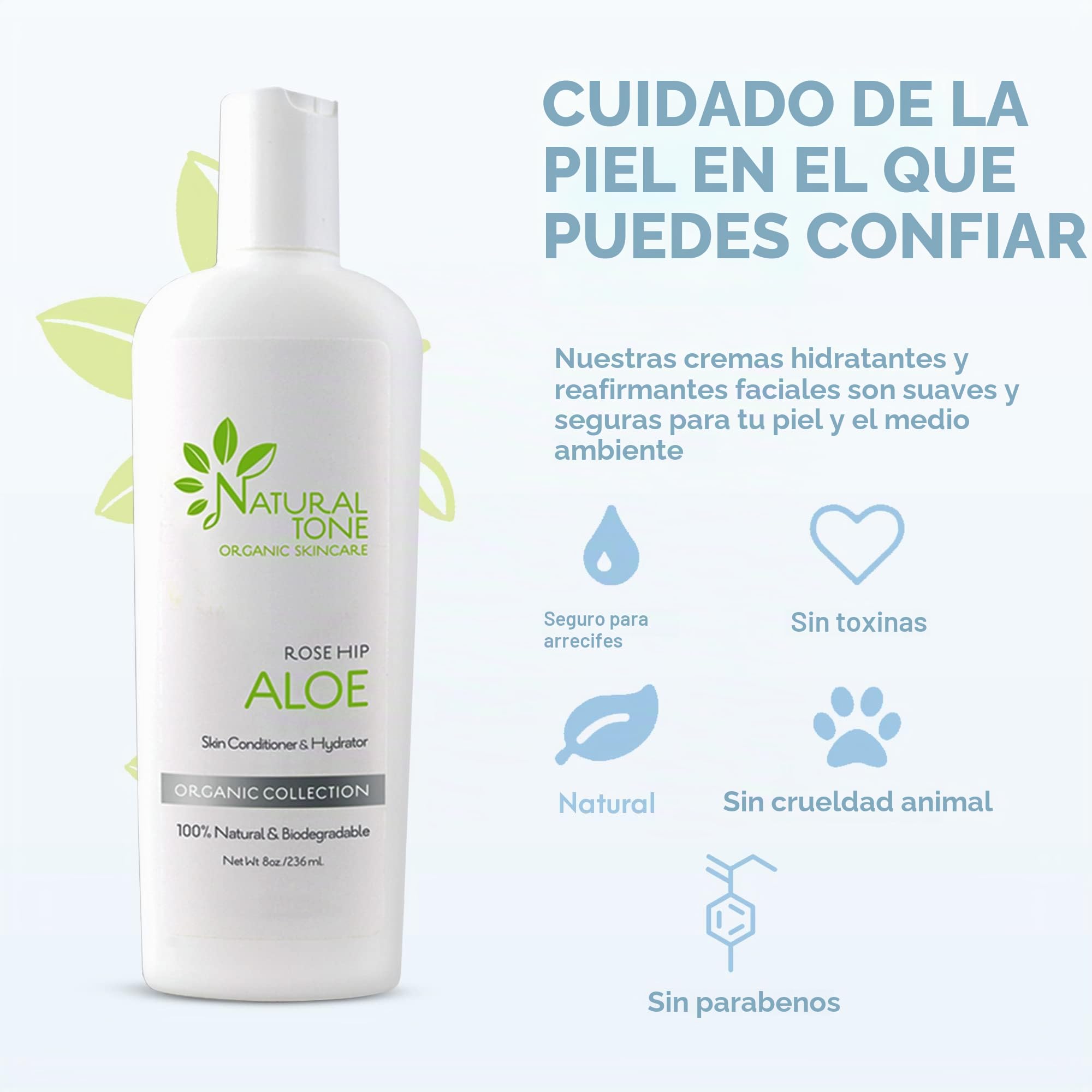 Natural Tone Organic Skincare Rosehip Aloe Loción Acondicionador e hidratante para la piel 8 oz