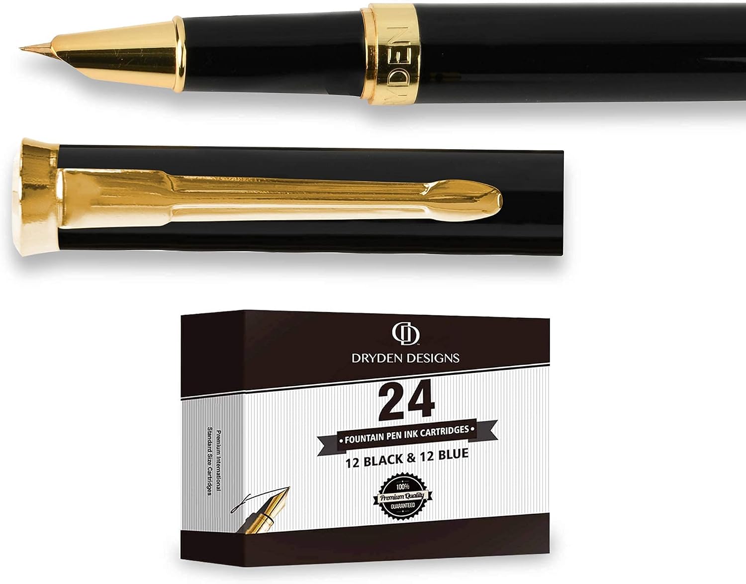 Dryden Designs Fine Nib Fountain Pen - Includes 24 Ink Cartridges - 12 Black and 12 Blue - Black - Smooth Elegant Writing with Fine Nib and Ink Converters image 4