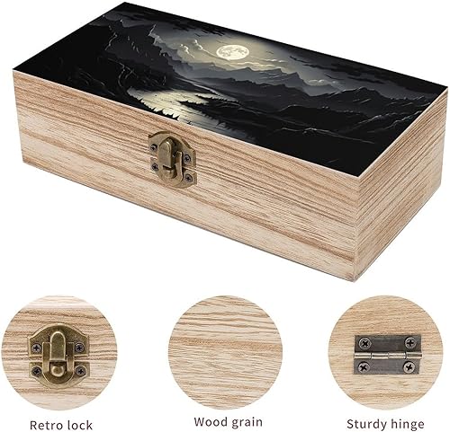 Miniatura 3 de Moonlit Mountain Landscape - Caja de almacenamiento de madera con cerradura con bisagras, baúl decorativo hecho a mano de recuerdo, elegantes cajas
