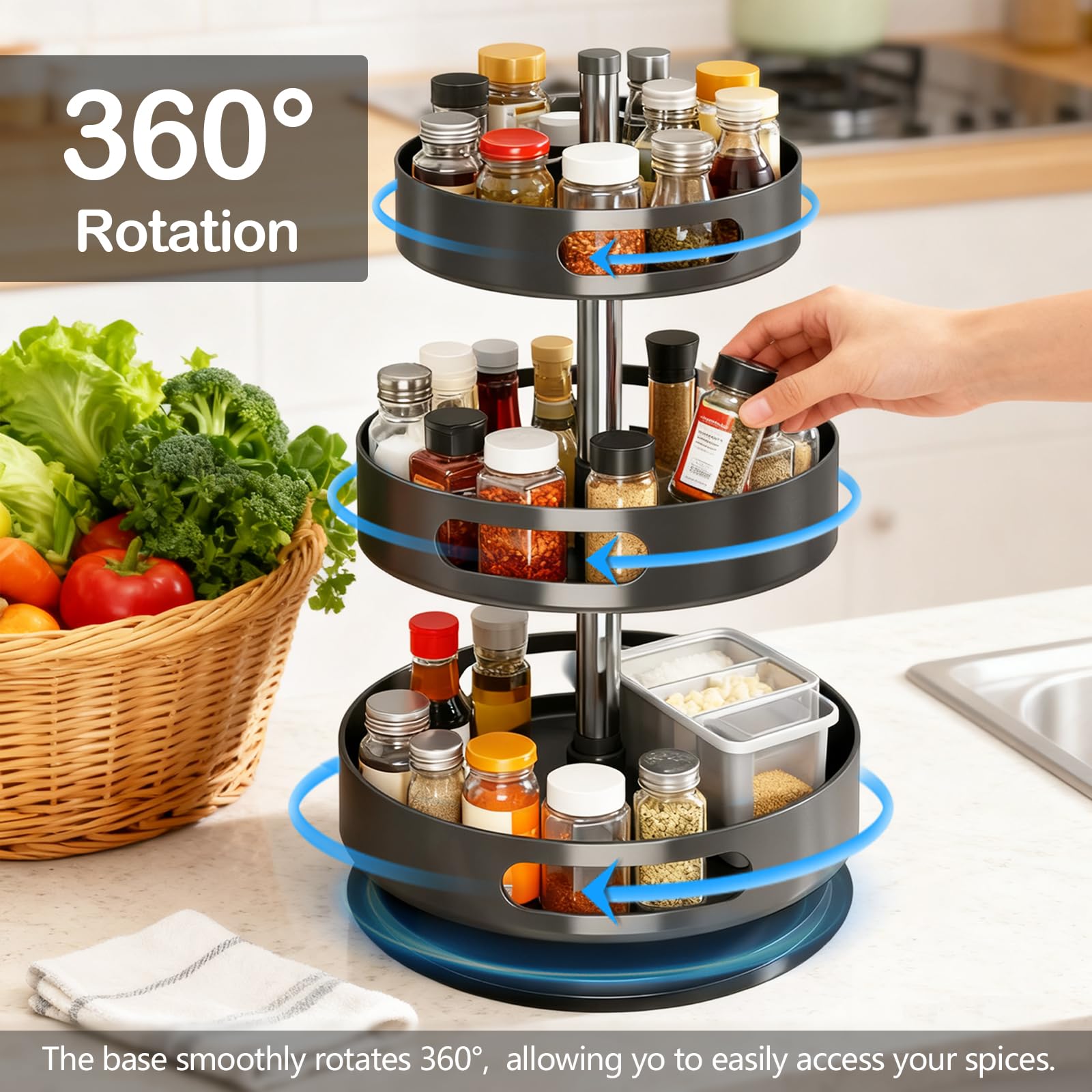 Portaspezie Girevole a 3 Livelli, Organizzatore Spezie in Metallo Lazy Susan per Armadietti, Porta Spezie Girevole per Cucina, Organizer Regolabile in Altezza per Cosmetici Bagno
