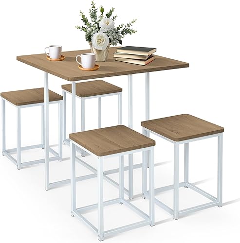 COSTWAY Juego de mesa de comedor de 5 piezas, juego de mesa de cocina y sillas para 4 personas, incluye 1 mesa cuadrada y 4 taburetes, juego de