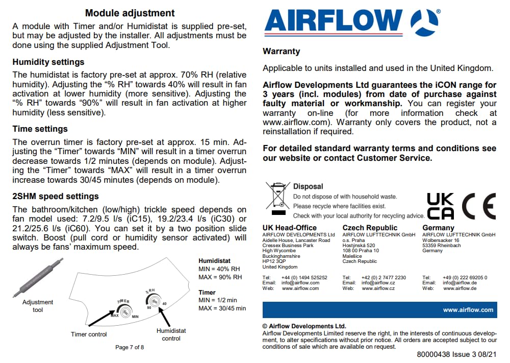 Airflow iCON HTM – Modulo Plug-in con Sensore di Umidità Regolabile (40–90% UR), Timer Programmabile (2–45 min) e Attivazione con Corda per Ventilatori iCON 15, 30 e 60 – Garanzia di 3 Anni