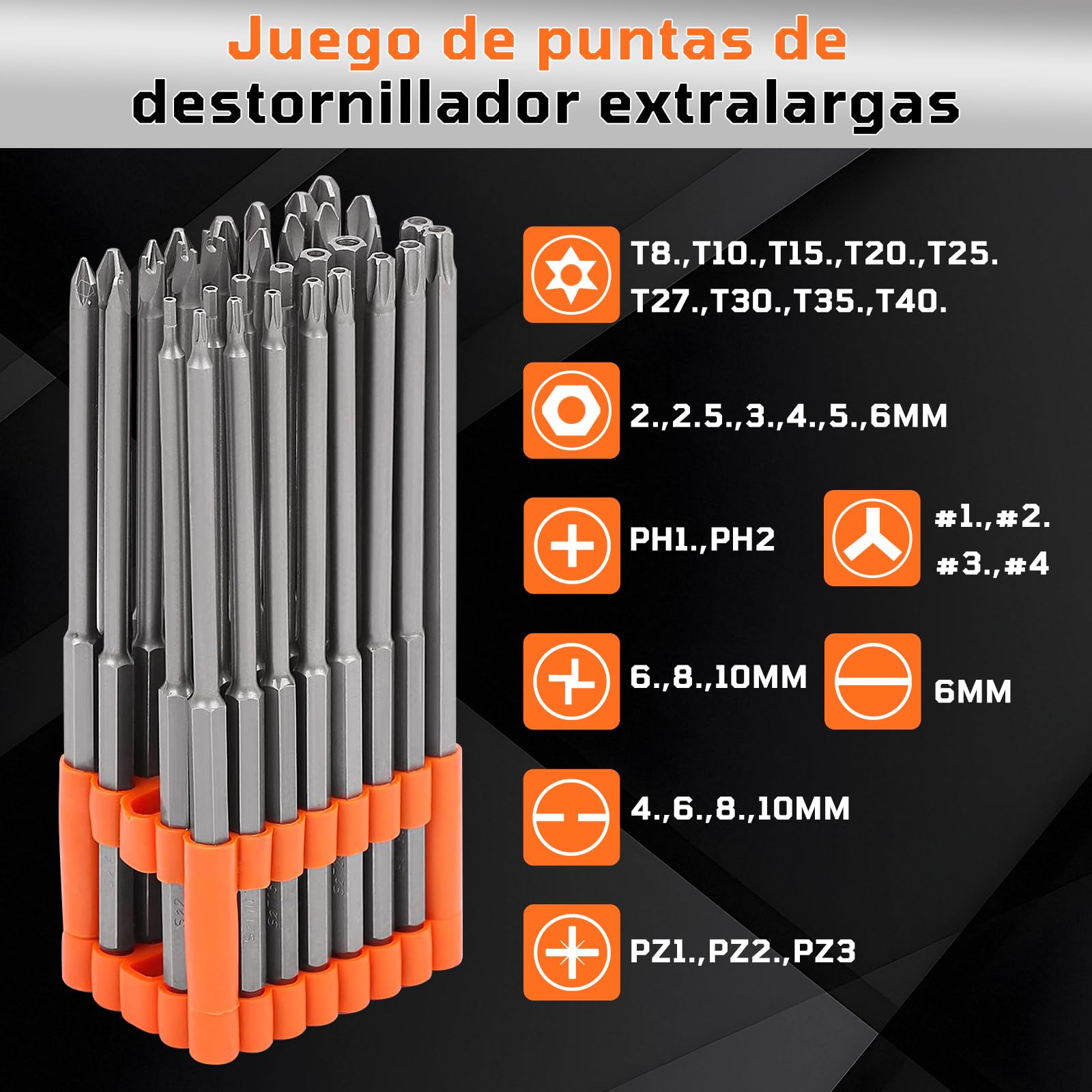 32 pc Juego de Puntas Extra Largas 150 mm de Destornillador de Acero S2,Resistentes y Duraderas, Incluir Torx, Phillips, Allen, Plana, Doble, Seguridad, con Soporte Organizador,Para Taladros