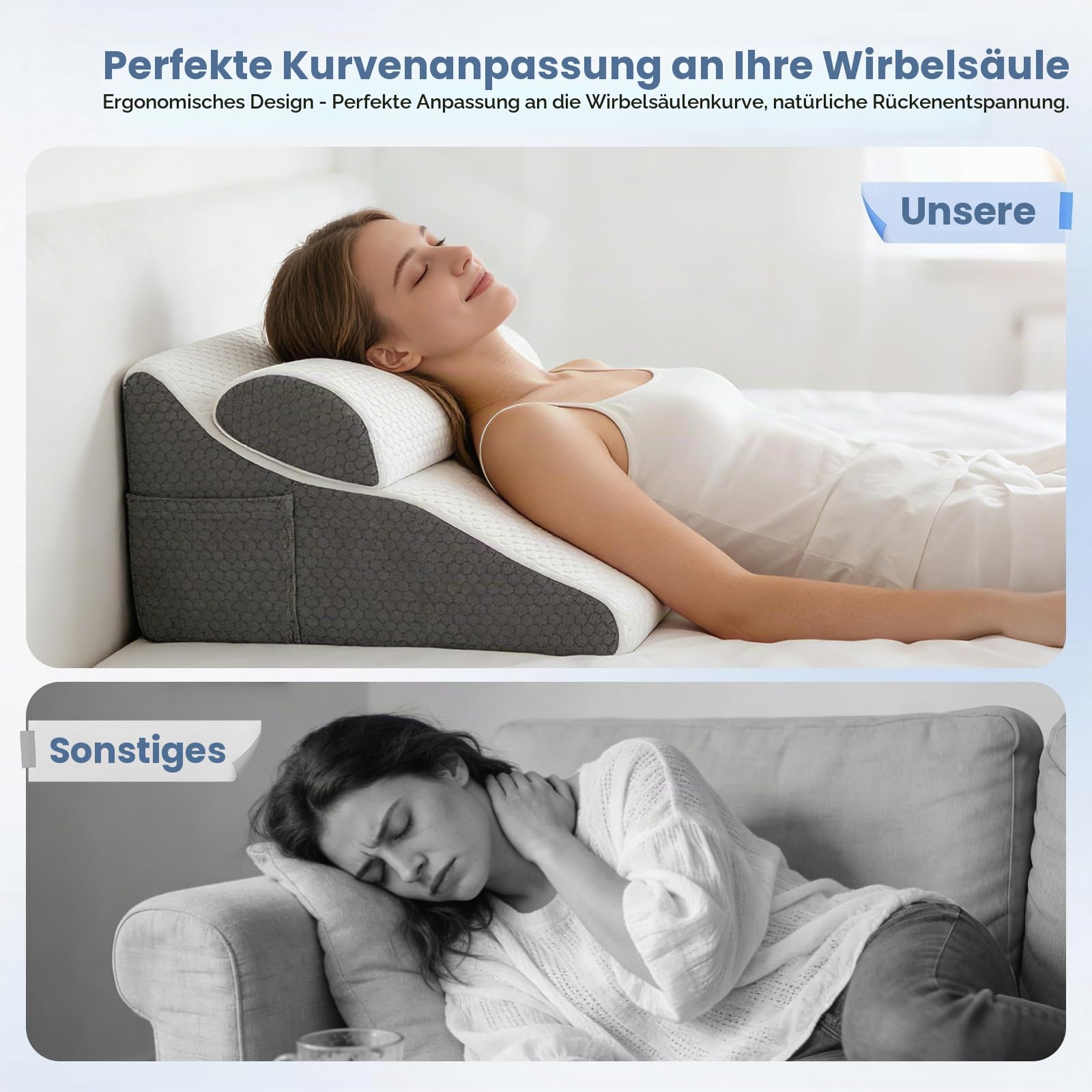Lesekissen für Bett und Sofa, Gebogenes Keilkissen Bett mit Memory-Schaum, Ergonomisches Rückenlehne Kopfkissen, Reflux Kissen, Waschbare Hülle, Reflux Kissen Erwachsene，50 * 50 * 30cm