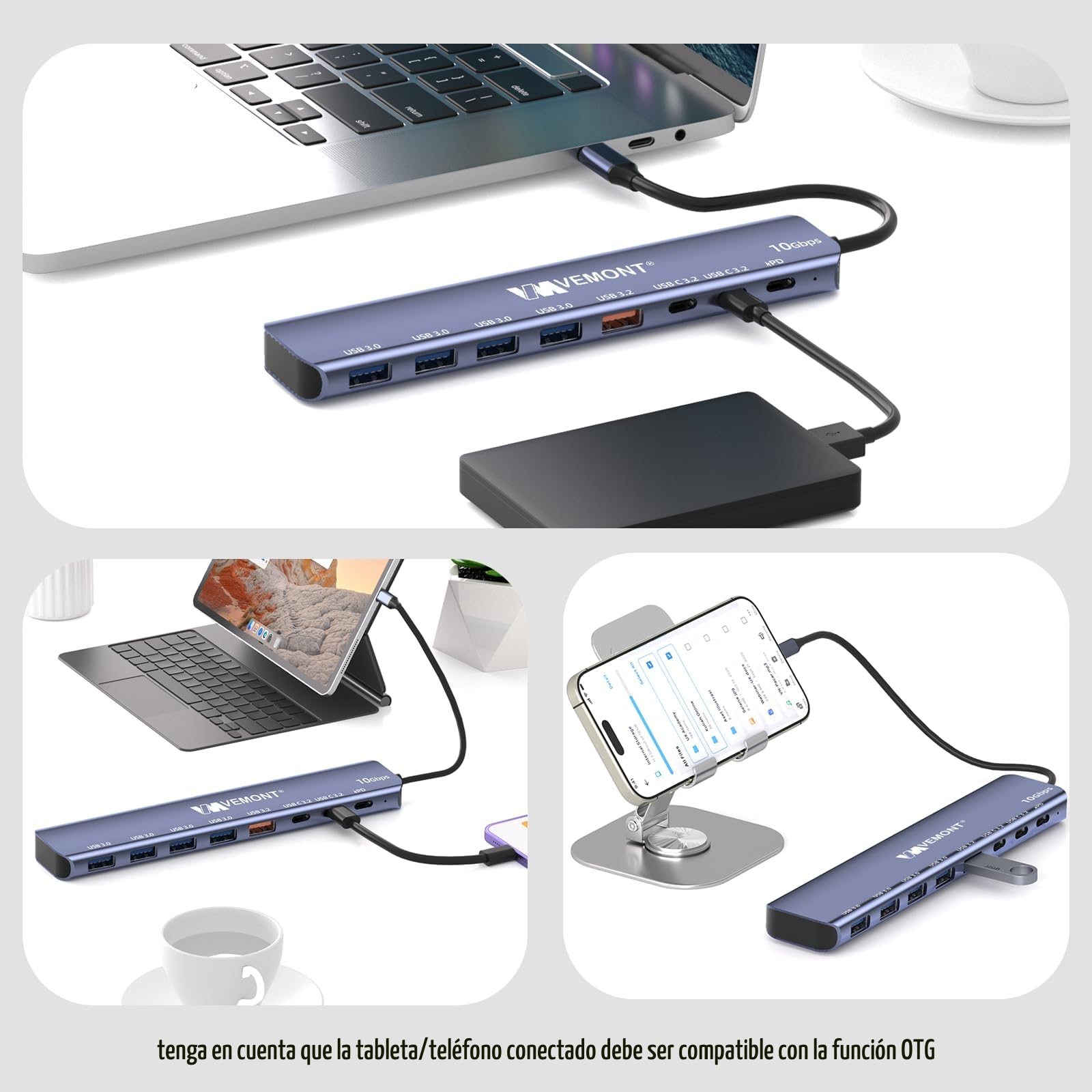 USB C Hub 10Gbps,VEMONT 7 en 1 Aluminio Hub USB 3.1/3.2 con 2 Puertos USB C 3.2 & USBA 3.2 & 4 Puertos USB A 3.0,100w PD Charging,USB C Splitter Compatible con MacBook/iPad/Laptop/Phones y más DIS