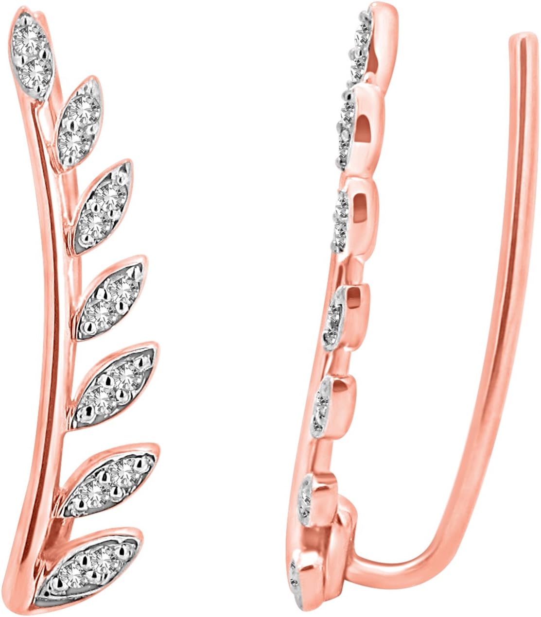 0.12 cttw 14K Gold Round White Natural Diamond Ladies Leaf Shaped Climber Earrings