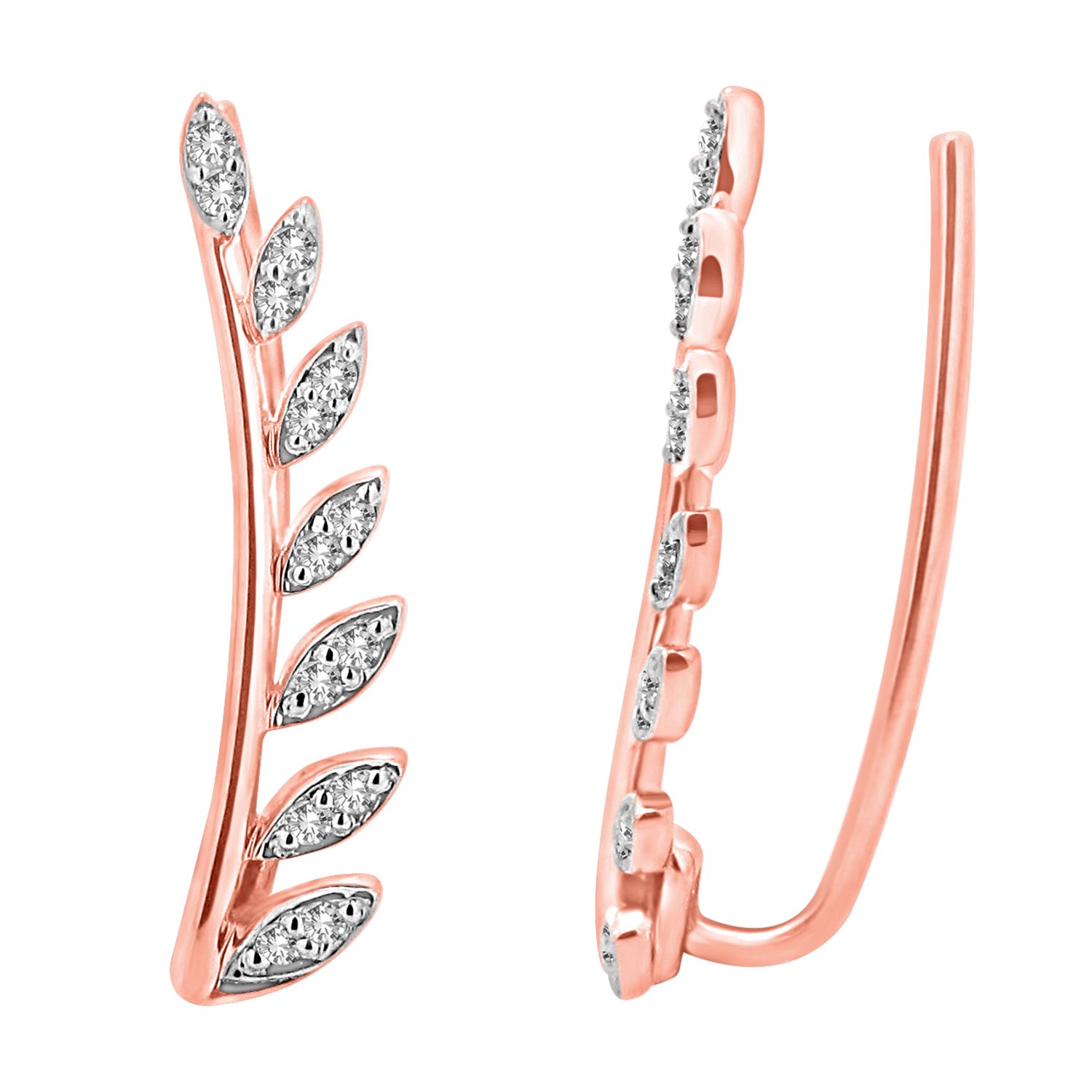 0.12 cttw 14K Gold Round White Natural Diamond Ladies Leaf Shaped Climber Earrings