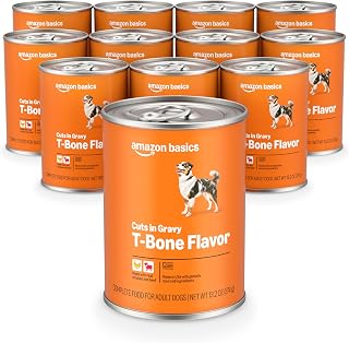 Amazon Basics Wet Dog Food, Cuts in Gravy, T-Bone Flavor, Made with Real Chicken and Beef, 13.2 oz can (Pack of 12)