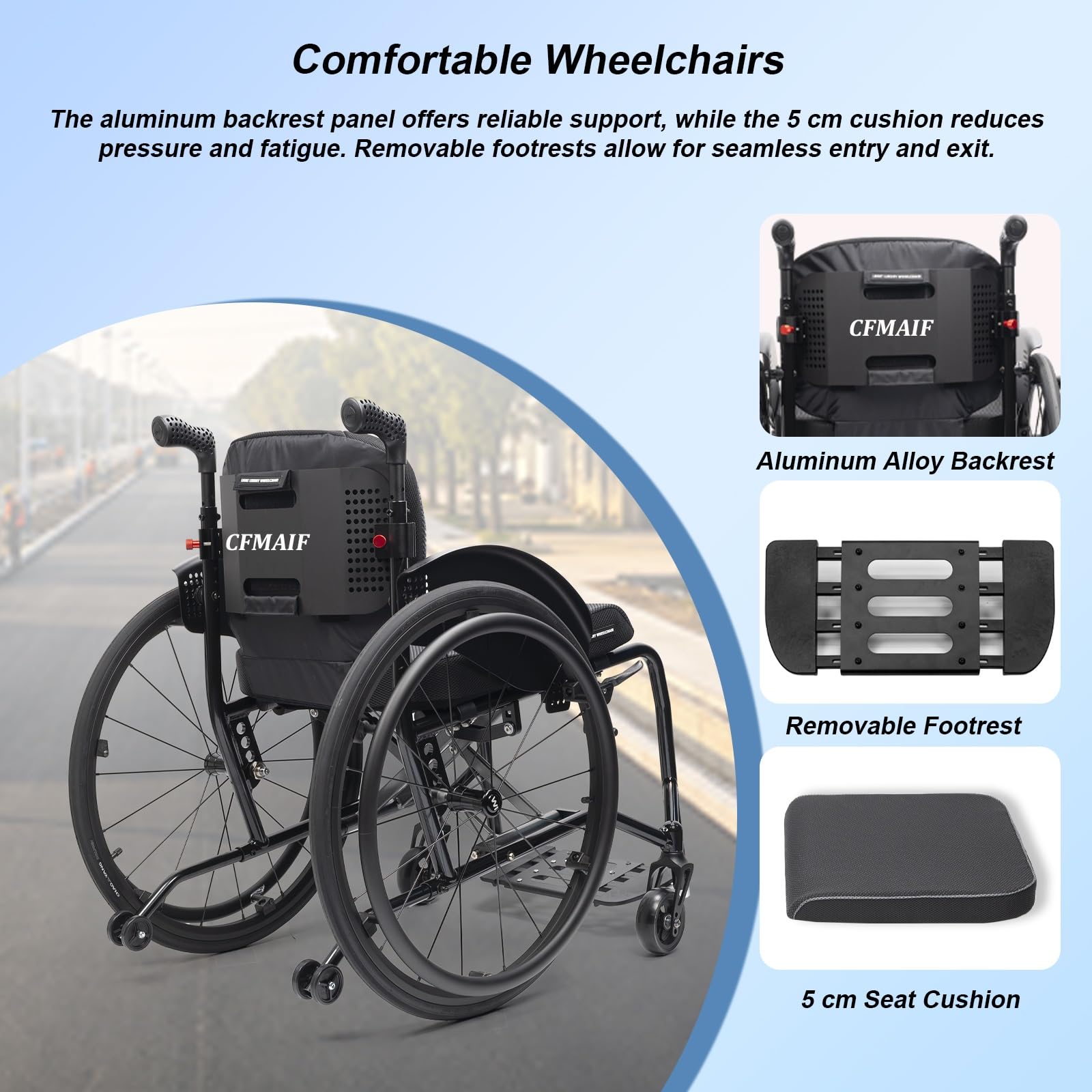 Silla de ruedas plegable aluminio,de aluminio para viajes,Autopropulsable | Ligera, for Adultos,Transporte, de tránsito, Reposapiés extraíbles,Frenos de mano, for Exterior(44cm/17.3in Seat)