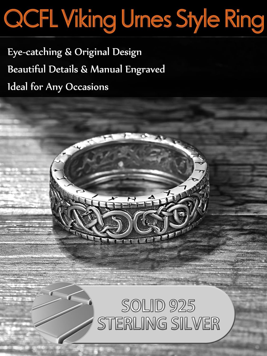 Viking Rings for Men, 925 Sterling Silver Norse Urnes Style Viking Rings, Viking Jewelry Gifts for Men Ring Size 5-15 (with Gift Box)