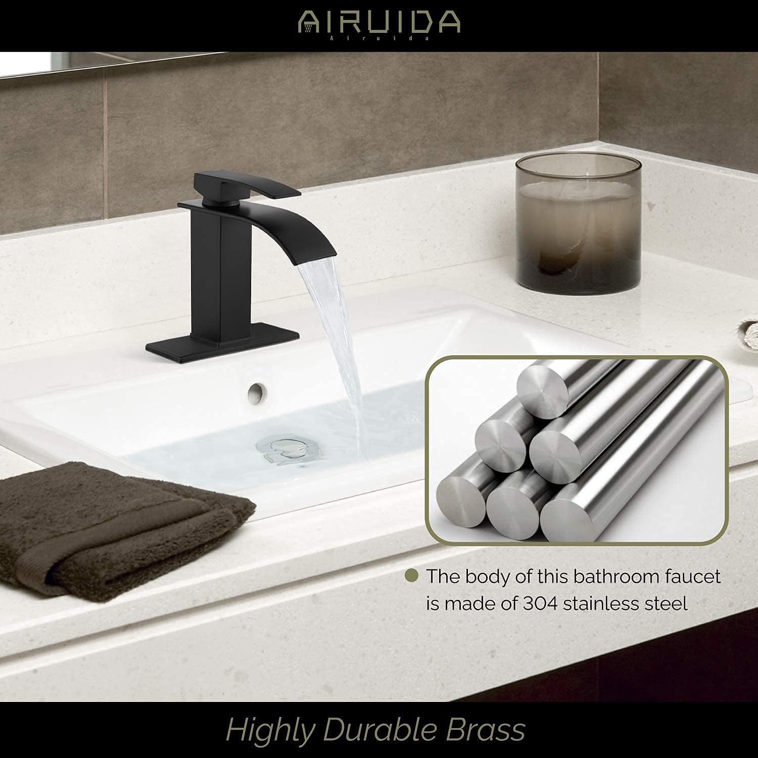 Airuida Waterfall Bathroom Faucet Matte Black Single Handle Single Hole Deck Mount Matching with Airuida Bathtub Rain Shower System Set Matte Black 3 Function Mixer Shower Faucet with Waterfall Tub Sp