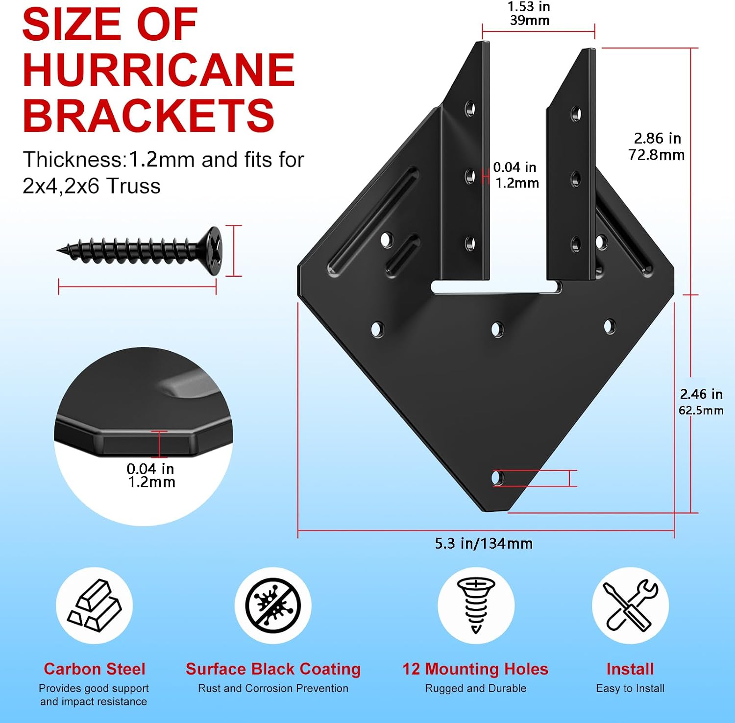Black Hurricane Ties for Rafter 30 PCS ，16 Gauge 1.2mm，Heavy Duty Joist Hangers for Roofing Trusses Wood，Roofing Trusses 360 Screws